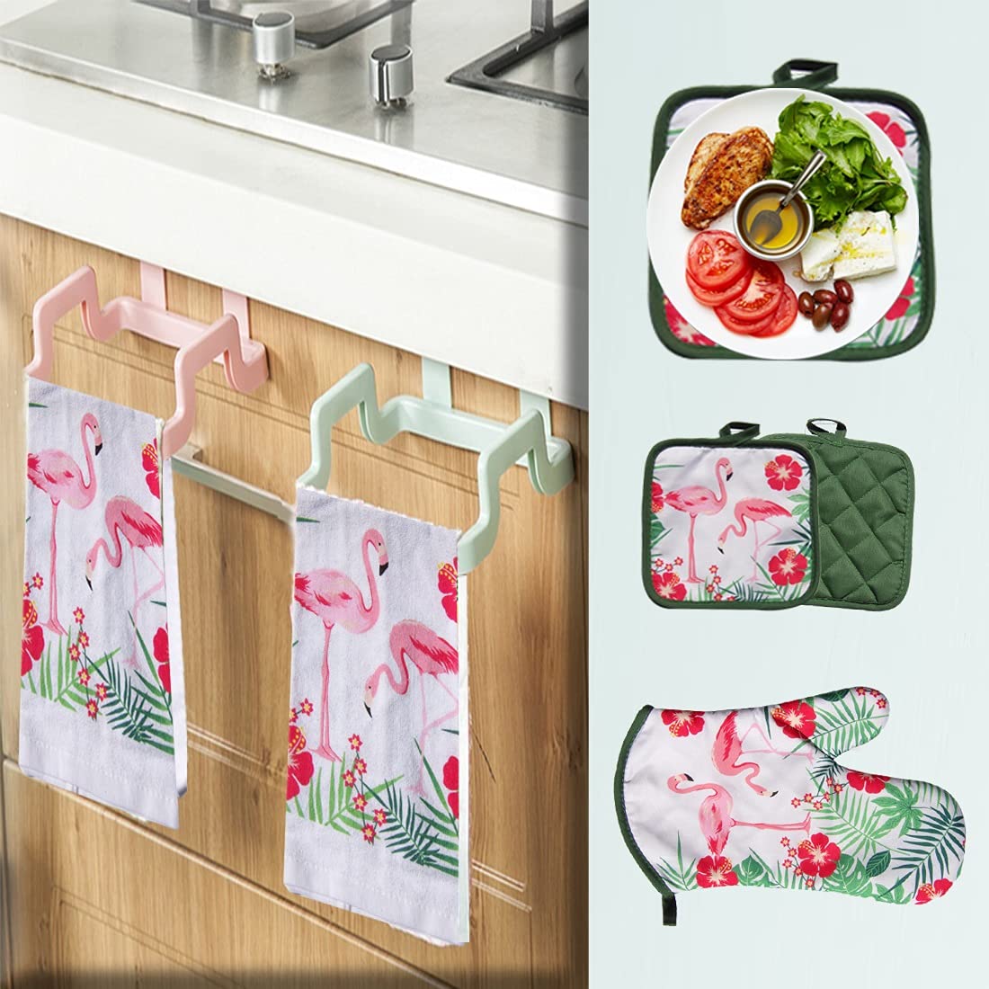 Lobyn 5-Piece Tropical Kitchen Towel Set with Pink Flamingos - 2 Decorative Dish Towels, 1 Oven Mitt & 2 Potholders - Soft & Absorbent for Cooking, Baking & Kitchen Decor