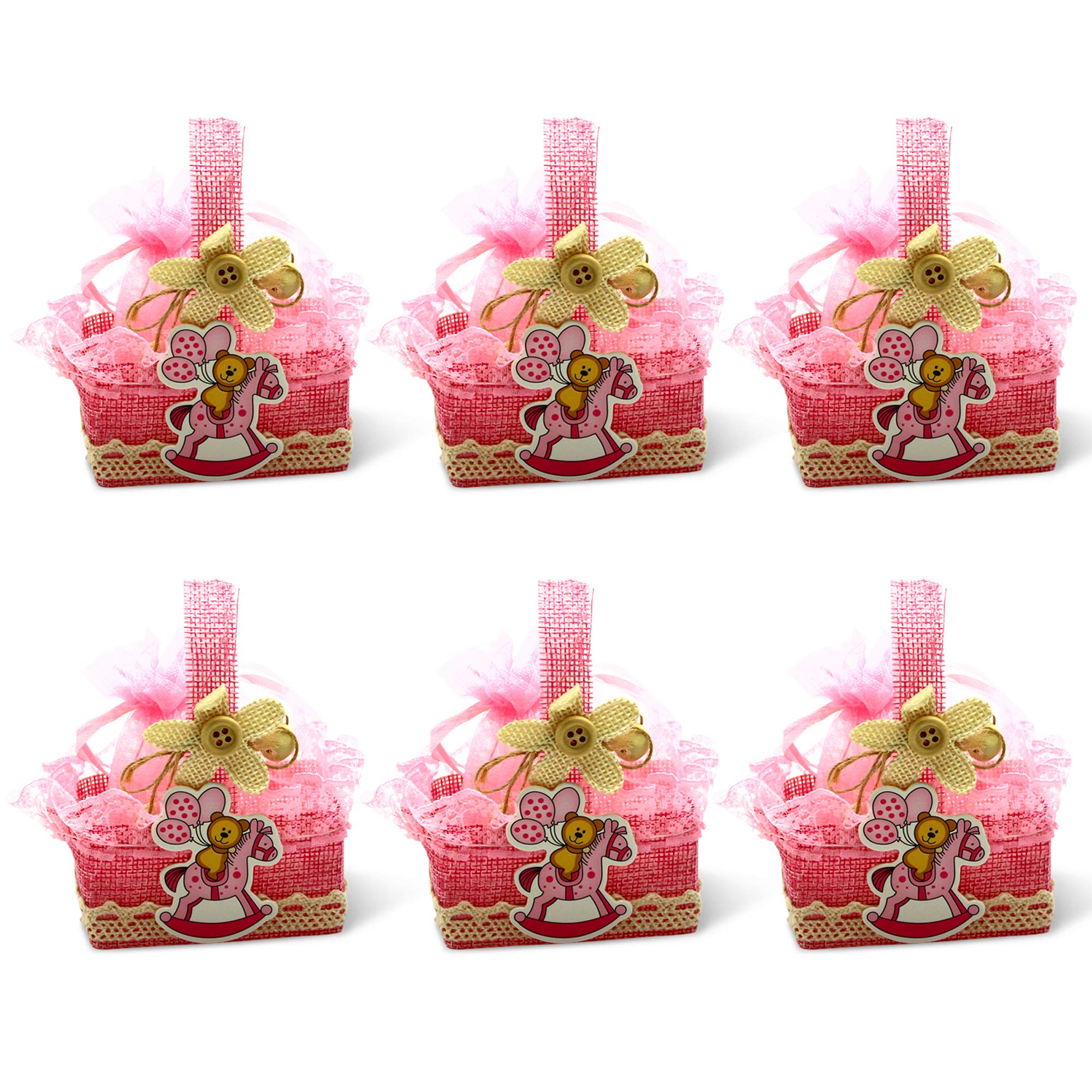 Mini Gift Baskets for Baby Shower Favors - 6 Pack Pink Party Favor Boxes with Sheer Drawstring Bags for Candy, Prizes & Gifts | Perfect for Baby Girl Showers, Birthday Parties & Wedding Favors