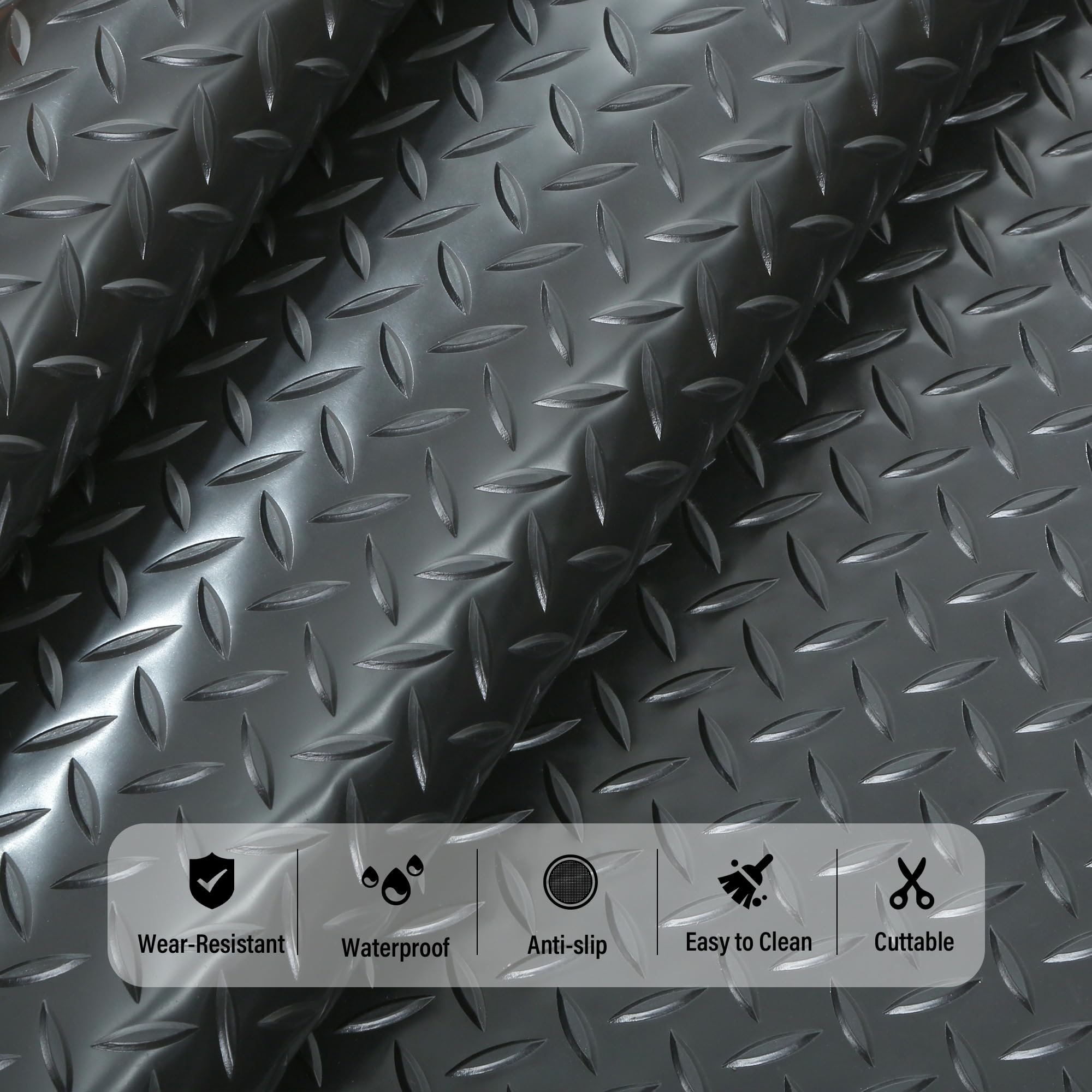 7.5 x 17 FT Heavy Duty PVC Garage Floor Mat Roll - Diamond Plate Pattern, 2.4mm Thickness, Waterproof Parking Mat for Garage, Workshop & Driveway Protection - Black