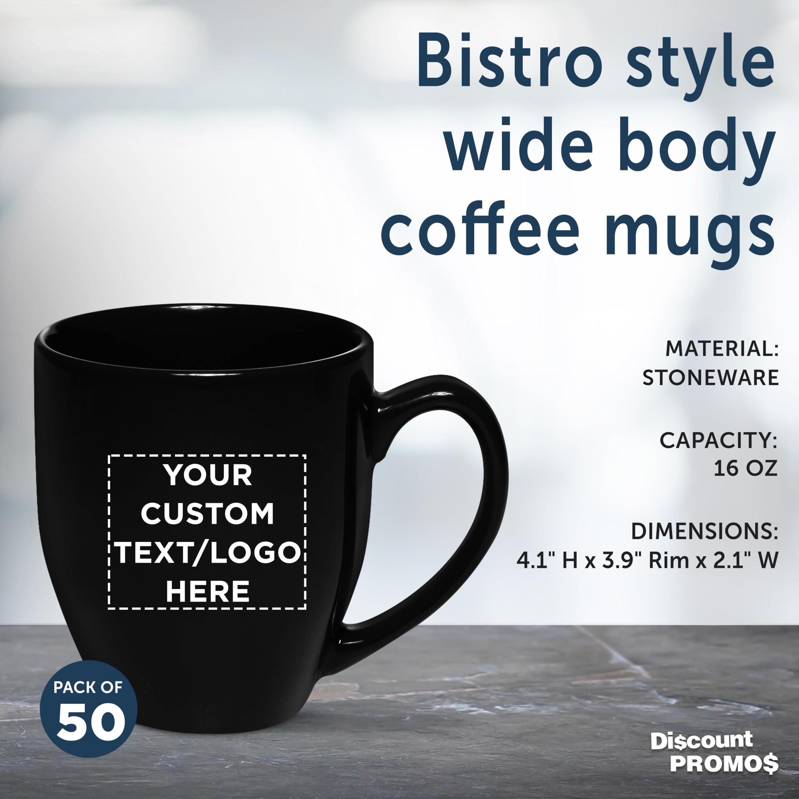 Custom 16 oz Large Coffee Cups - Bulk Pack of 50 Personalized Black Mugs - Perfect for Tea, Espresso, Cappuccino & Hot Cocoa - Ideal for Cafes, Offices & Home Use