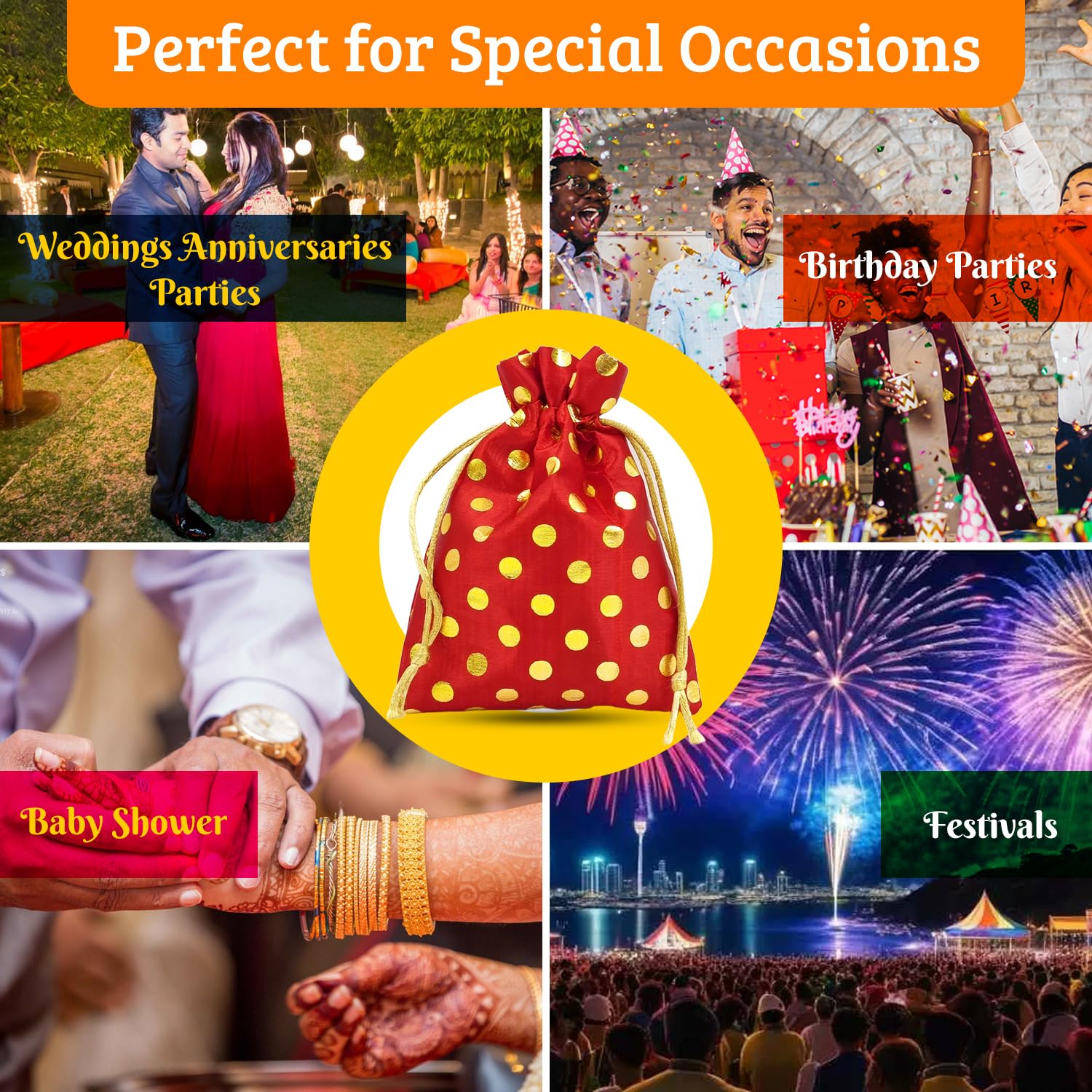 Soul Artisan Red Polka Dot Drawstring Pouches for Women - 12x18cm Pack of 10 | Wedding Favor Bags, Baby Shower Gifts, Jewelry & Dry Fruit Packaging | Perfect for Bridal Parties, Haldi Ceremonies & Return Gifts