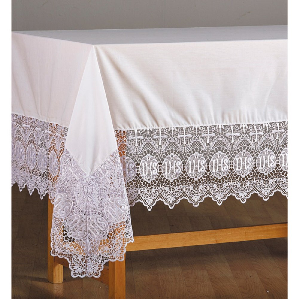 Christian IHS Lace Altar Frontal - Elegant Church Altar Cover for Weddings, Baptisms & Holy Communion Ceremonies