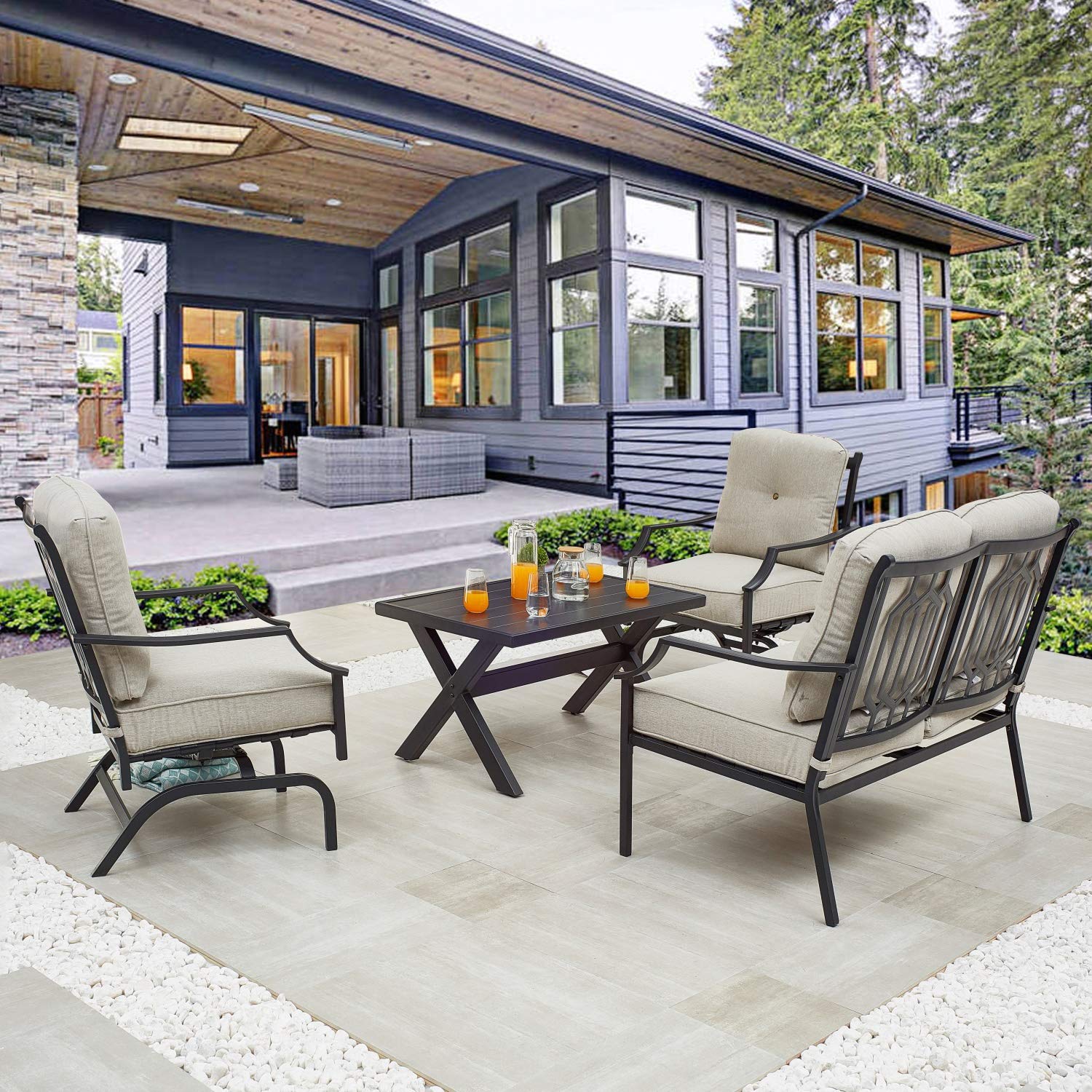 PatioFestival 4-Piece Outdoor Metal Conversation Set with All-Weather Cushions - Loveseat, 2 Rocking Chairs & Coffee Table - Perfect for Poolside, Lawn, Garden, Backyard & Patio Relaxation