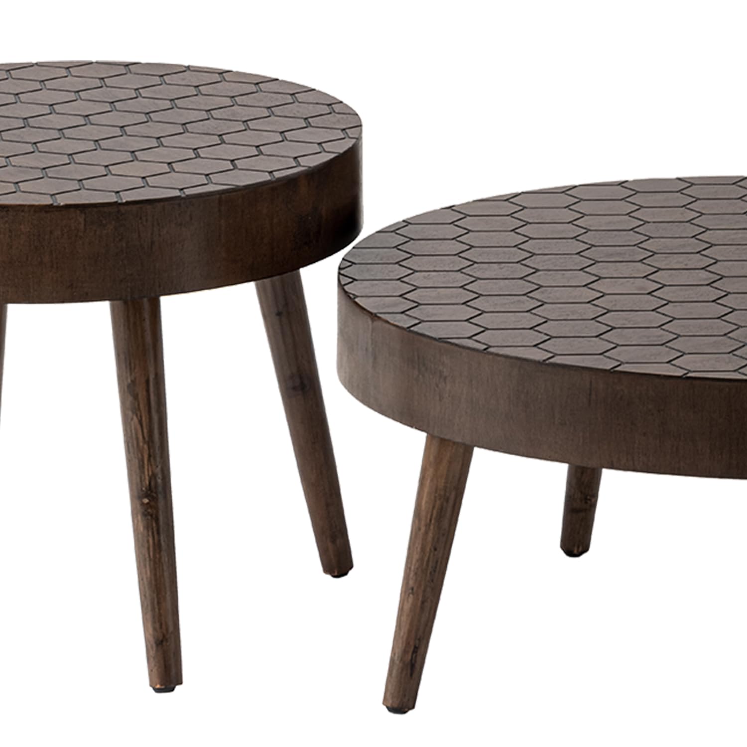 Round Coffee Table Set of 2 - Modern Farmhouse Nesting End Tables with Honeycomb Pattern, MDF Side Tables for Living Room, Bedroom, Office & Balcony - Perfect for Small Spaces, Coffee Serving & Home Decor