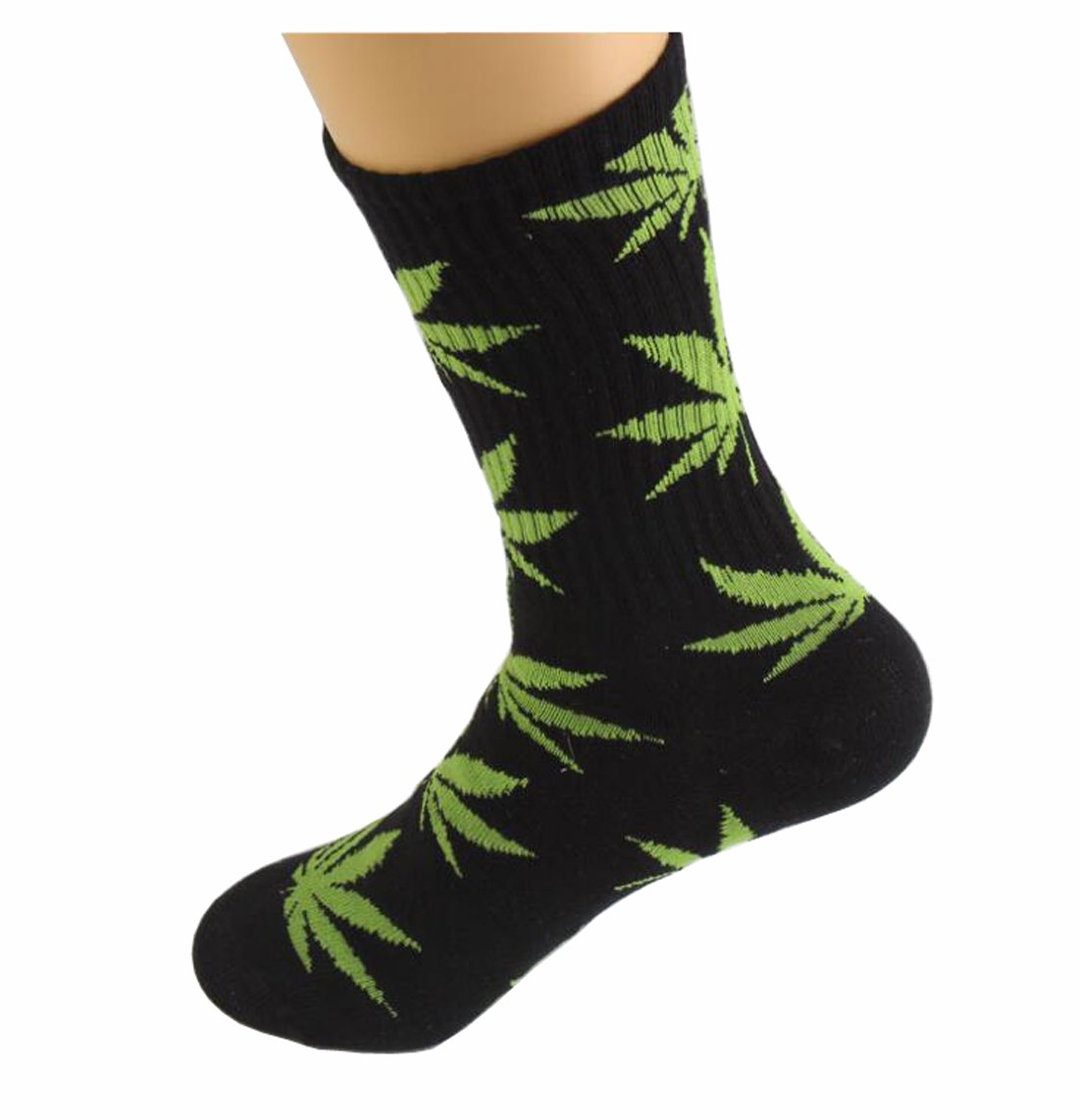 Huga Fang 4 Pairs Marijuana Leaf Print Cotton Crew Socks for Men & Women - Breathable Athletic Sports Socks for Running, Gym, Casual Wear & Festival Outfits
