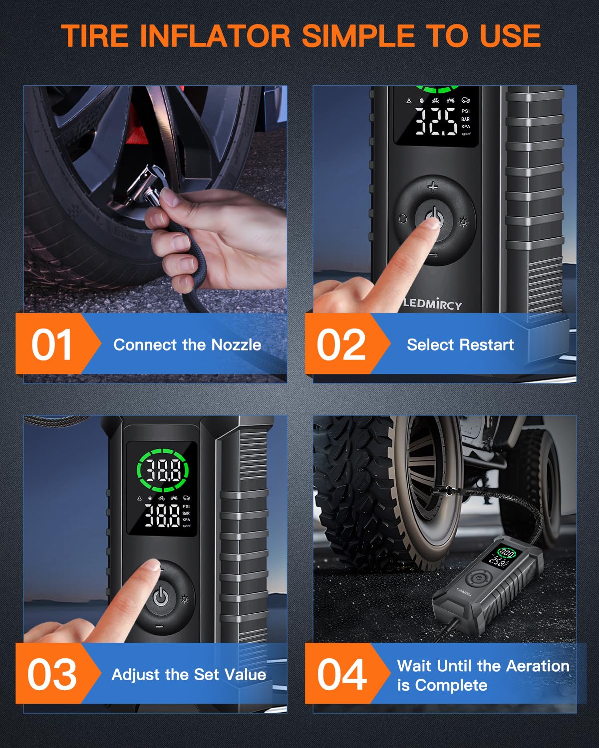 LEDMIRCY 12V DC Portable Tire Inflator Air Compressor with Digital Pressure Gauge - Emergency Car Tire Pump for Cars, Pickup Trucks, Motorcycles & Bicycles | Compact Travel Air Pump for Roadside Assistance & Home Use