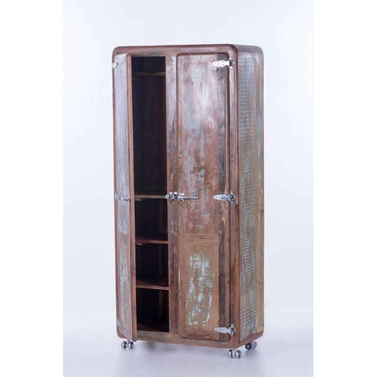 Vintage Reclaimed Wood Wardrobe Cabinet with Wheels - 1.8m Tall Rustic Storage Closet for Bedroom, Living Room & Office - Natural Finish Mobile Clothing Organizer