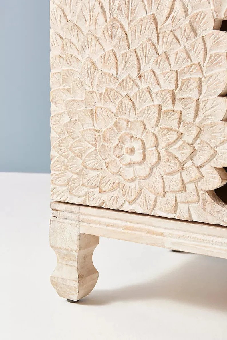 Handmade Hardwood Lotus Flower Media Console Table - Warm White Finish for Living Room, Bedroom & Home Decor
