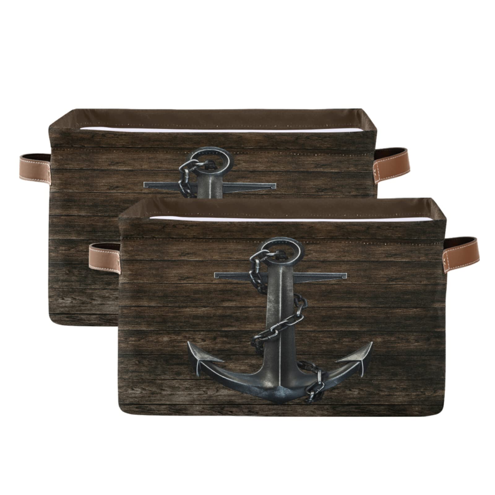 Vintage Nautical Wooden Anchor Storage Baskets - 2 Pack Collapsible Decorative Storage Bins with Handles for Home, Office, Nursery, Closet & Bedroom Organization | Perfect for Beach-Themed Decor, Shelf Storage & Space Saving Solutions