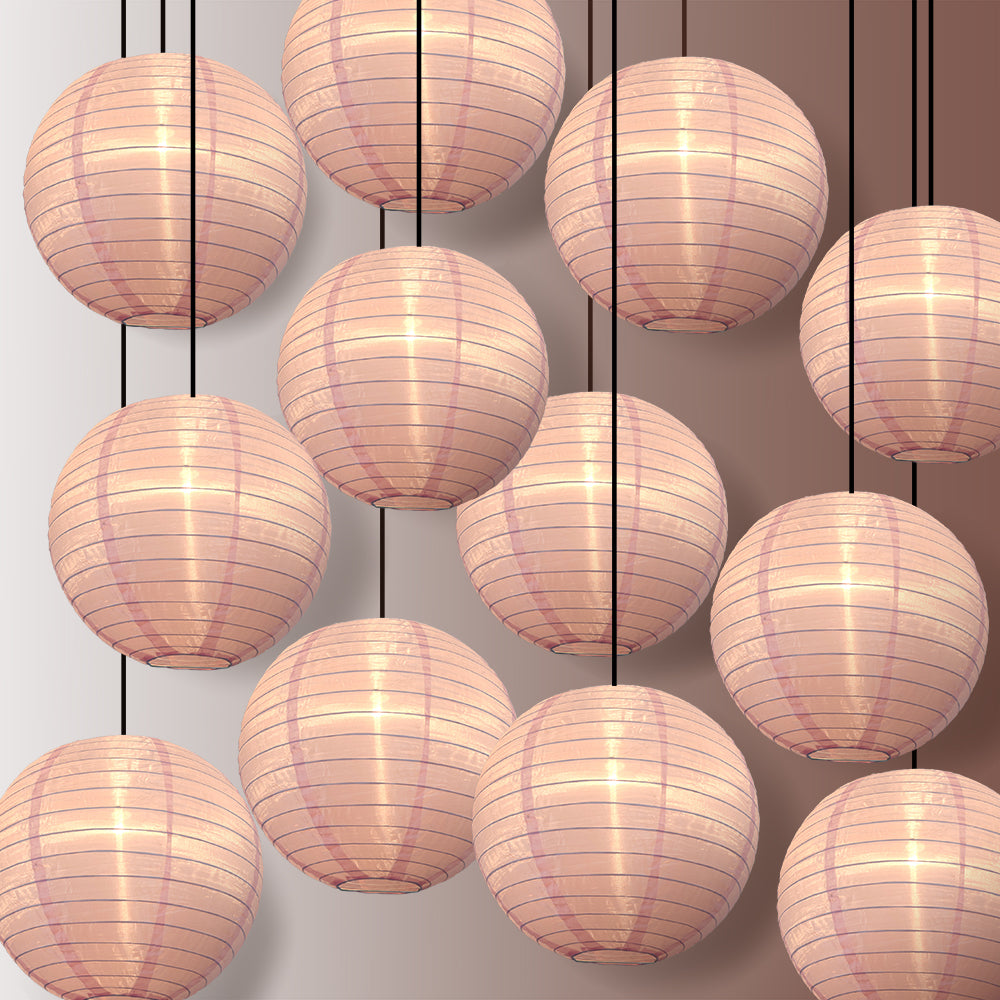 12 Pack Pink Shimmering Nylon Lanterns - 14 Inch Even Ribbing Durable Hanging Decorations for Weddings, Parties & Outdoor Events