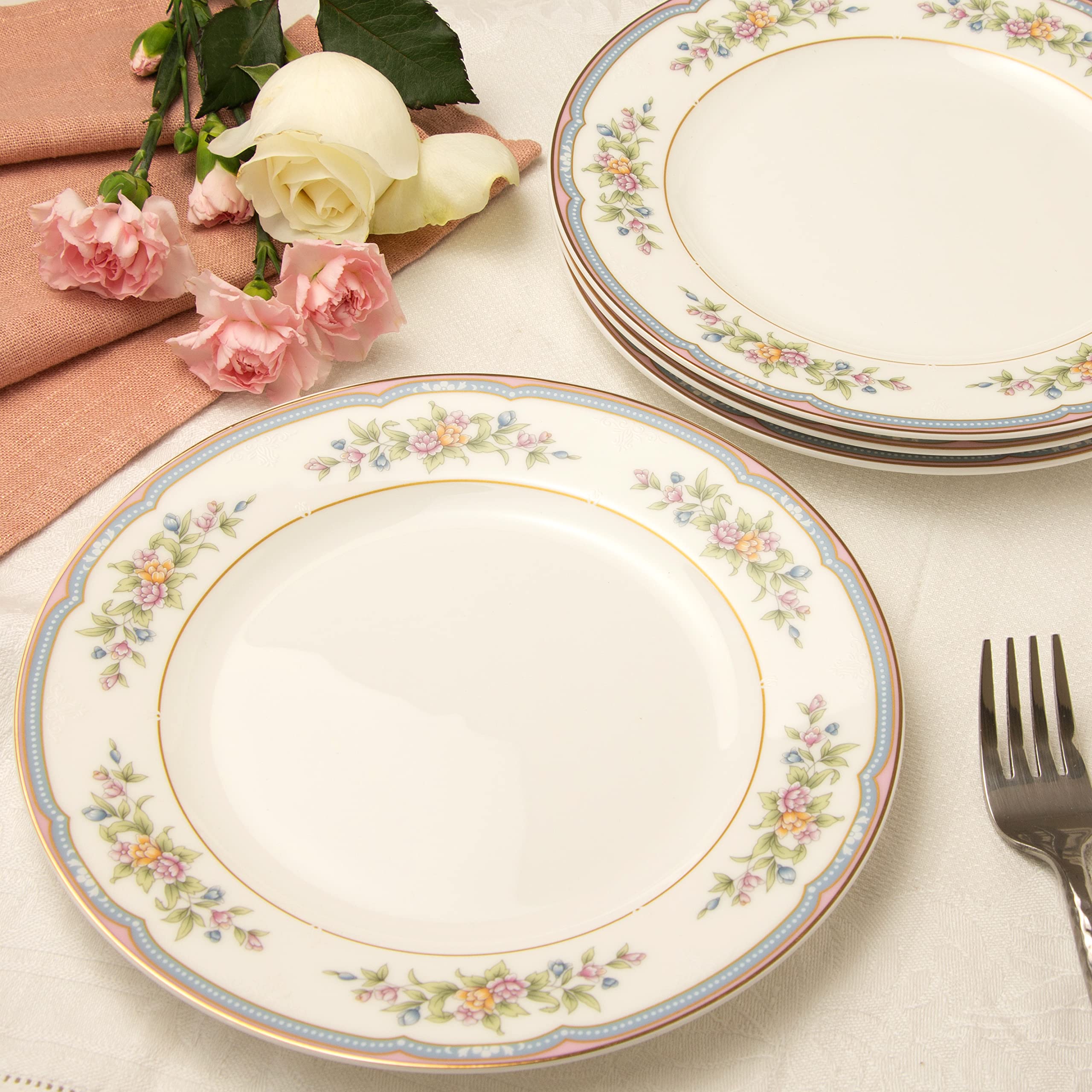 Gracie Bone China 8-Inch Dessert Plates Set of 4 with Gold Trim - Elegant Claire's Bouquet Design for Tea Parties, Bridal Showers & Formal Dining