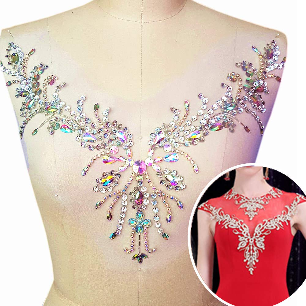 Sparkle Beaded V-Neck AB Crystal Rhinestone Bridal Applique Patch - 12x15 Inch Sew-on Embellishment for Wedding Dresses, Prom Gowns & DIY Craft Projects - Perfect for Neckline Decoration and Costume Design