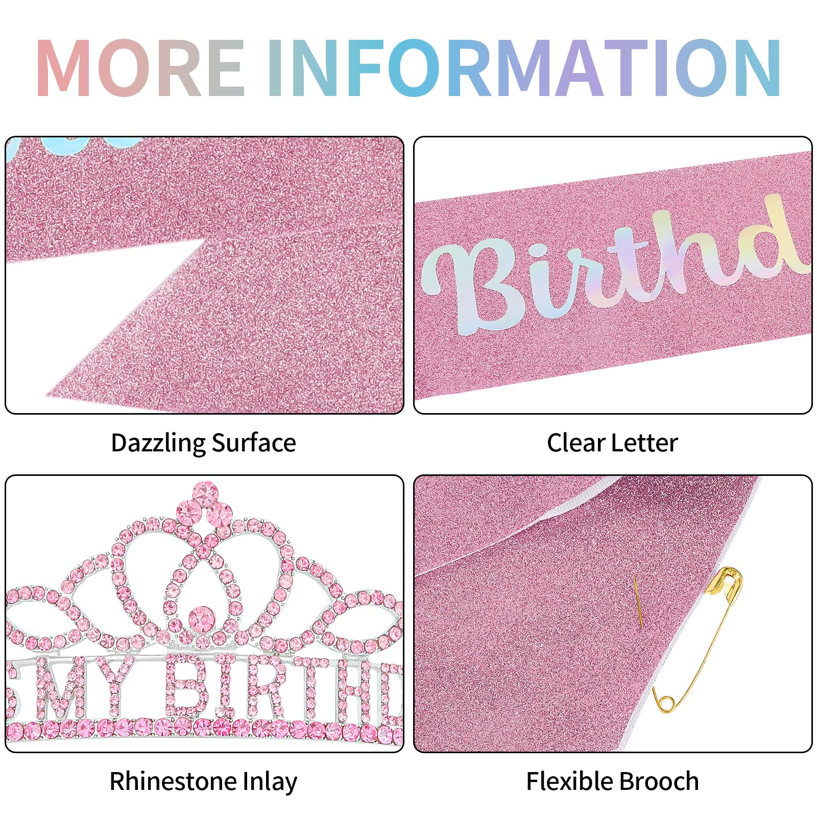 Birthday Crown for Women - Elegant Pink Headband, Sash & Tiara Set with Decorations - Perfect Birthday Girl Gift for Parties, Bachelorette & Special Celebrations