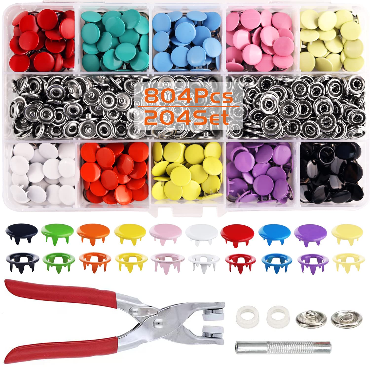 804-Piece Snap Fasteners Kit with Press Tool & Pliers - 10 Colors (0.39 Inch) for DIY Sewing, Clothing, Rompers, Bibs & Crafts - Perfect for Garment Repair, Baby Clothes & Handmade Accessories