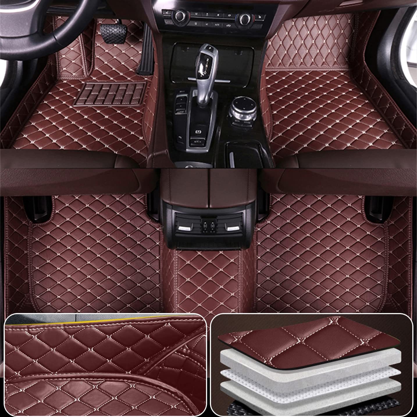 Premium All-Weather Floor Mats for Lexus LS600H 4-Seat (2006-2016) - Non-Slip Full Coverage Carpet Liners with Leather Trim - Coffee Color - Perfect for Winter Protection & Luxury Car Interior Upgrade