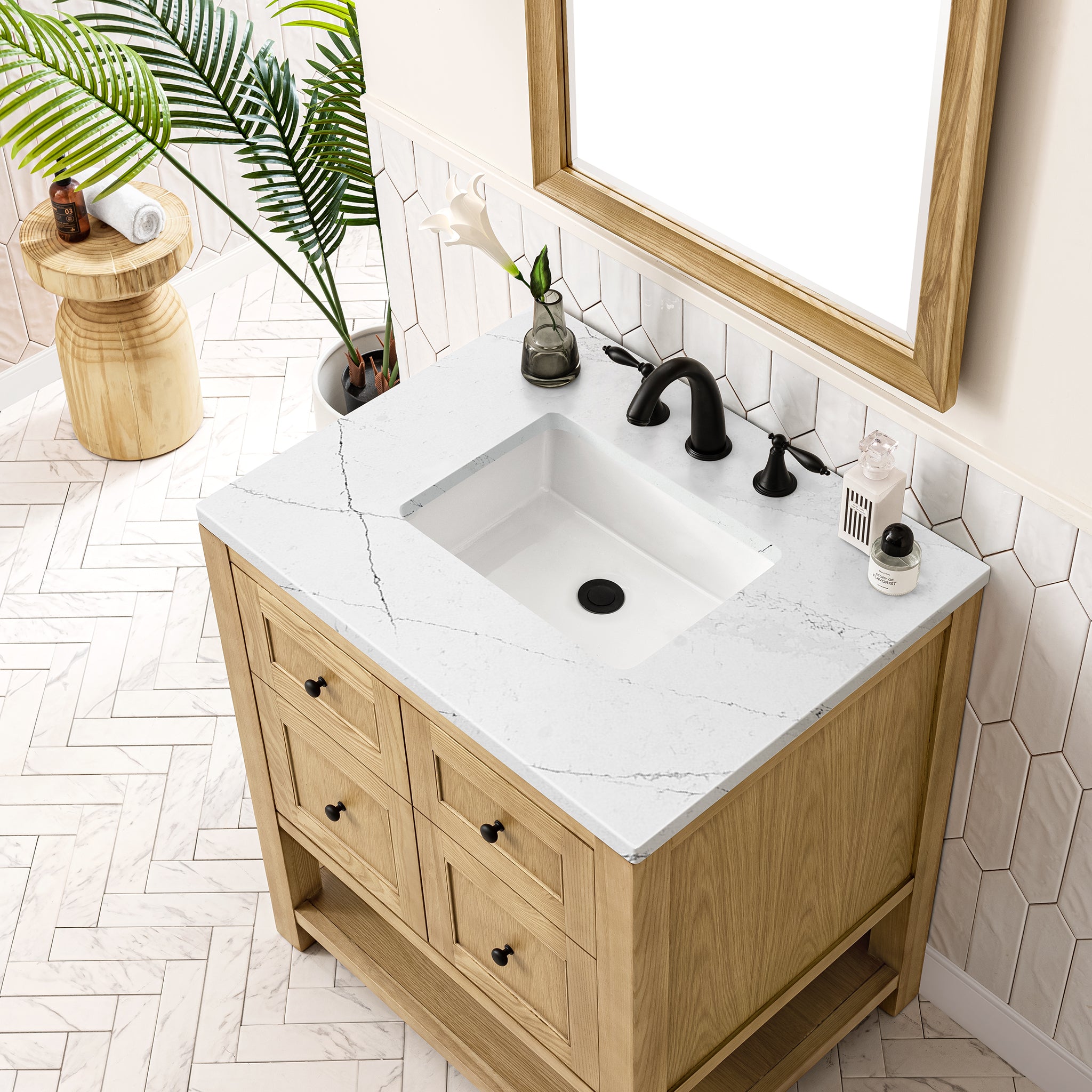 Breckenridge 30 Inch Single Bathroom Vanity Set - Light Natural Oak Finish with 3CM Ethereal Noctis Quartz Countertop | Perfect for Modern Master Bathrooms & Guest Powder Rooms