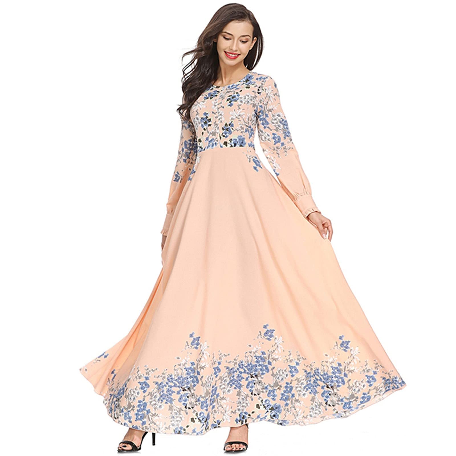 Women's Maxi Dress Long Sleeve Crewneck Floral Print Sun Dress - Muslim Modest Casual Beachwear for Summer Vacations & Outdoor Activities