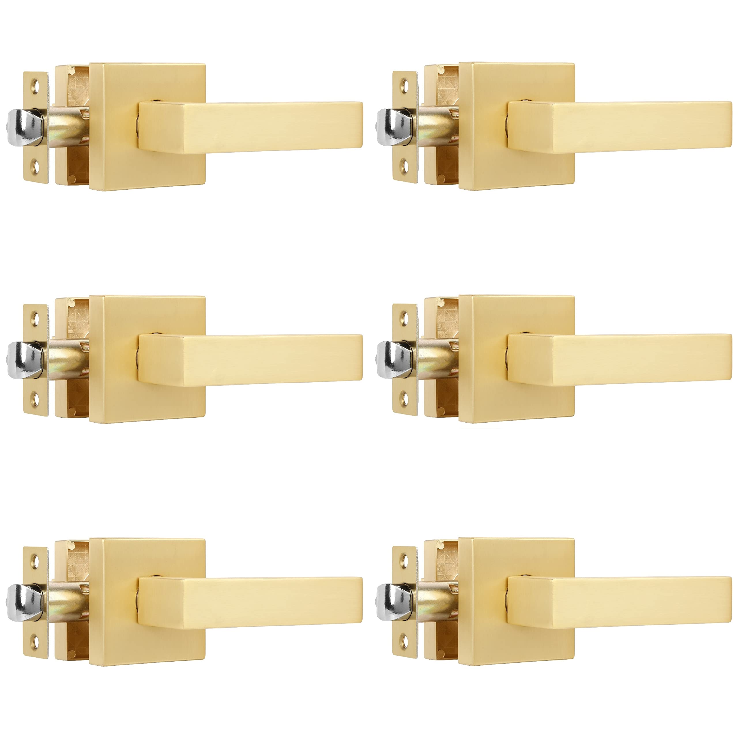 6 Pack Square Gold Passage Door Levers - Stain Brass Contemporary Modern Design for Hall, Closet & Interior Doors | Durable & Stylish Door Handles for Home, Office & Commercial Spaces