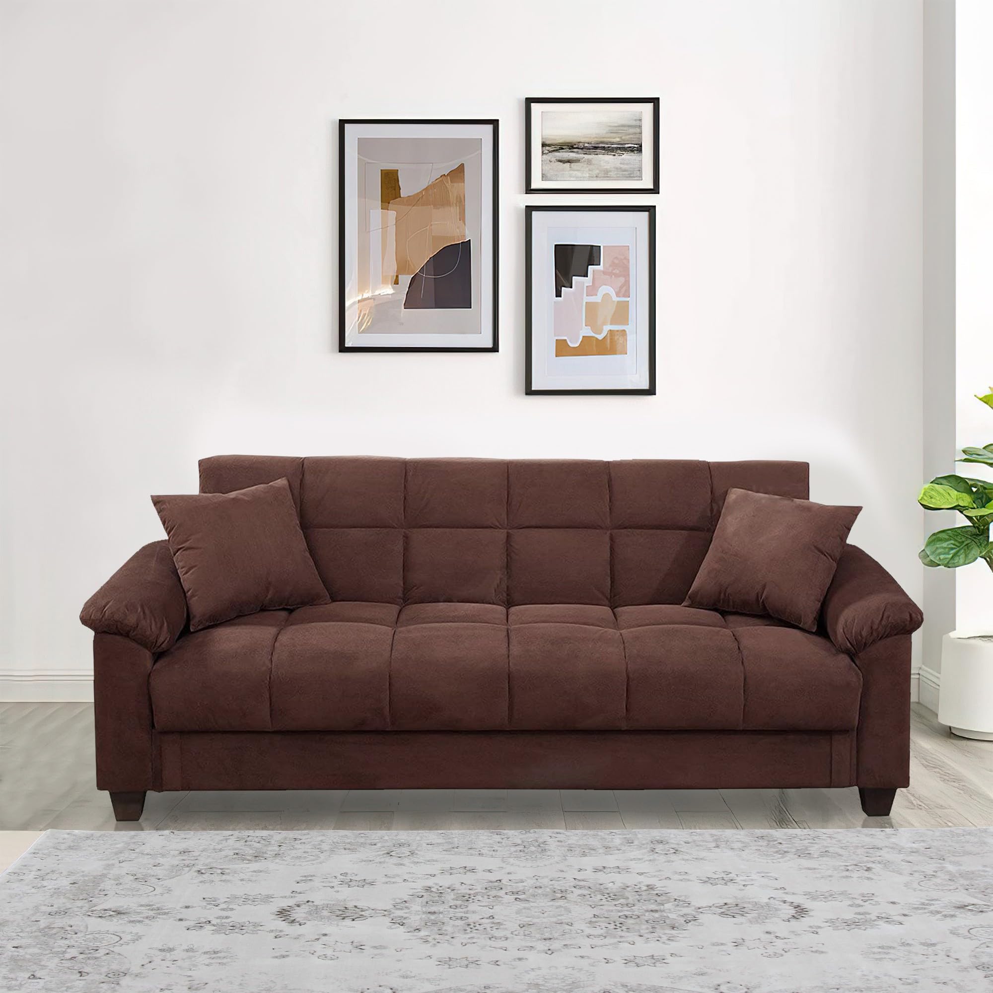 Benjara Microfiber Adjustable Reclining Sofa with Removable Pillows - Brown - Perfect for Living Room, Home Theater & Small Spaces
