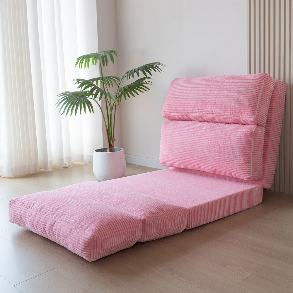 MAXYOYO Folding Sofa Bed - Extra Wide Corduroy Floor Bed in Pink | Convertible Sleeper for Small Spaces, Guest Room & Dorm | Comfortable Lounge Chair for Living Room, Bedroom & Office