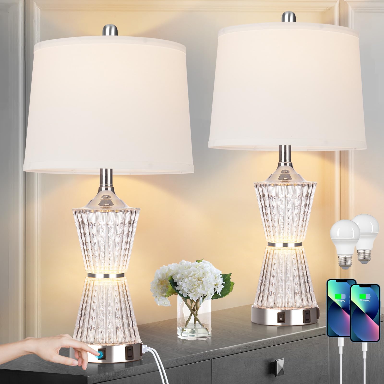 Modern LED Table Lamps Set of 2 with USB Charging Ports & AC Outlet - White Shade Nightstand Lamps for Bedroom, Living Room, Office - Includes Energy Efficient Bulbs (Perfect for Reading, Charging Devices & Ambient Lighting)