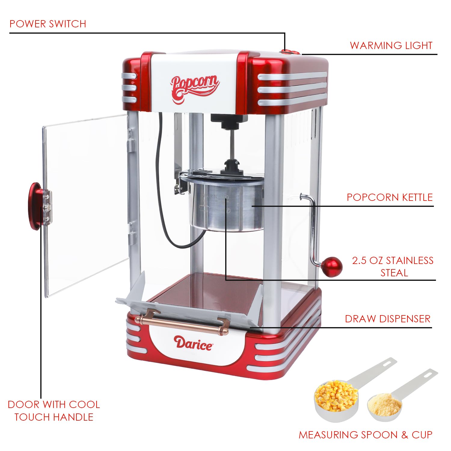 **Darice Retro Popcorn Machine with Measuring Cups – Non-Slip Popcorn Popper for Home, Parties & Events – Non-Stick Kettle Plate – Perfect for Movie Nights, Carnivals & Festivals**