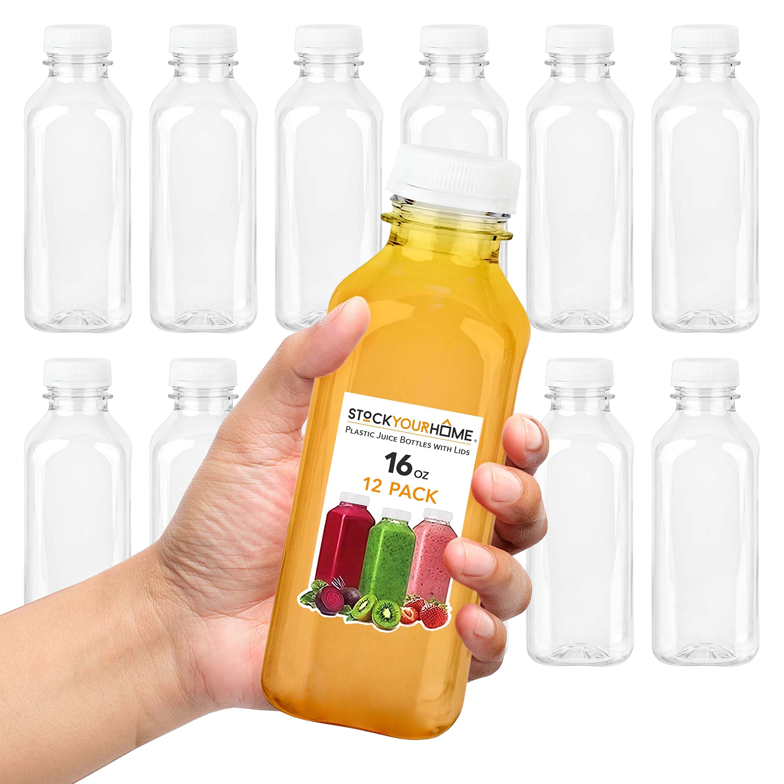 **16 oz Clear Reusable Plastic Juice Bottles with Lids - 12 Pack for Juicing, Smoothies, Water & Storage | Perfect for Mini Fridges, Juicer Shots, Bulk Drink Containers & On-the-Go Hydration**