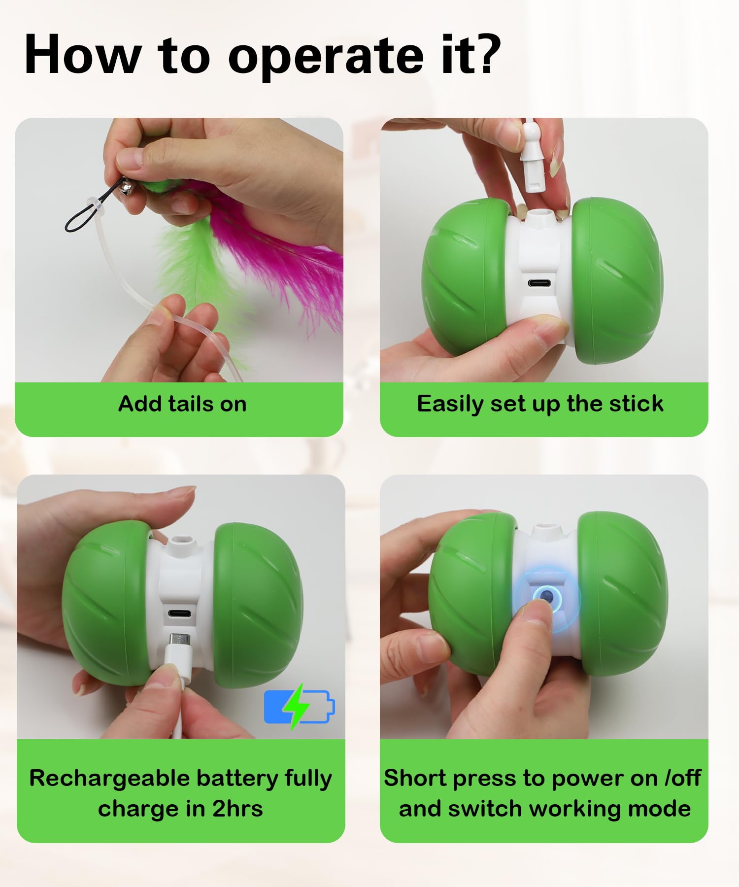 Interactive Motion Activated Cat Toys for Indoor Cats - Automatic USB Rechargeable Cat Toy with Extra Long Feather Wand & Mouse Toy (Green) - Perfect for Playtime, Exercise & Boredom Relief