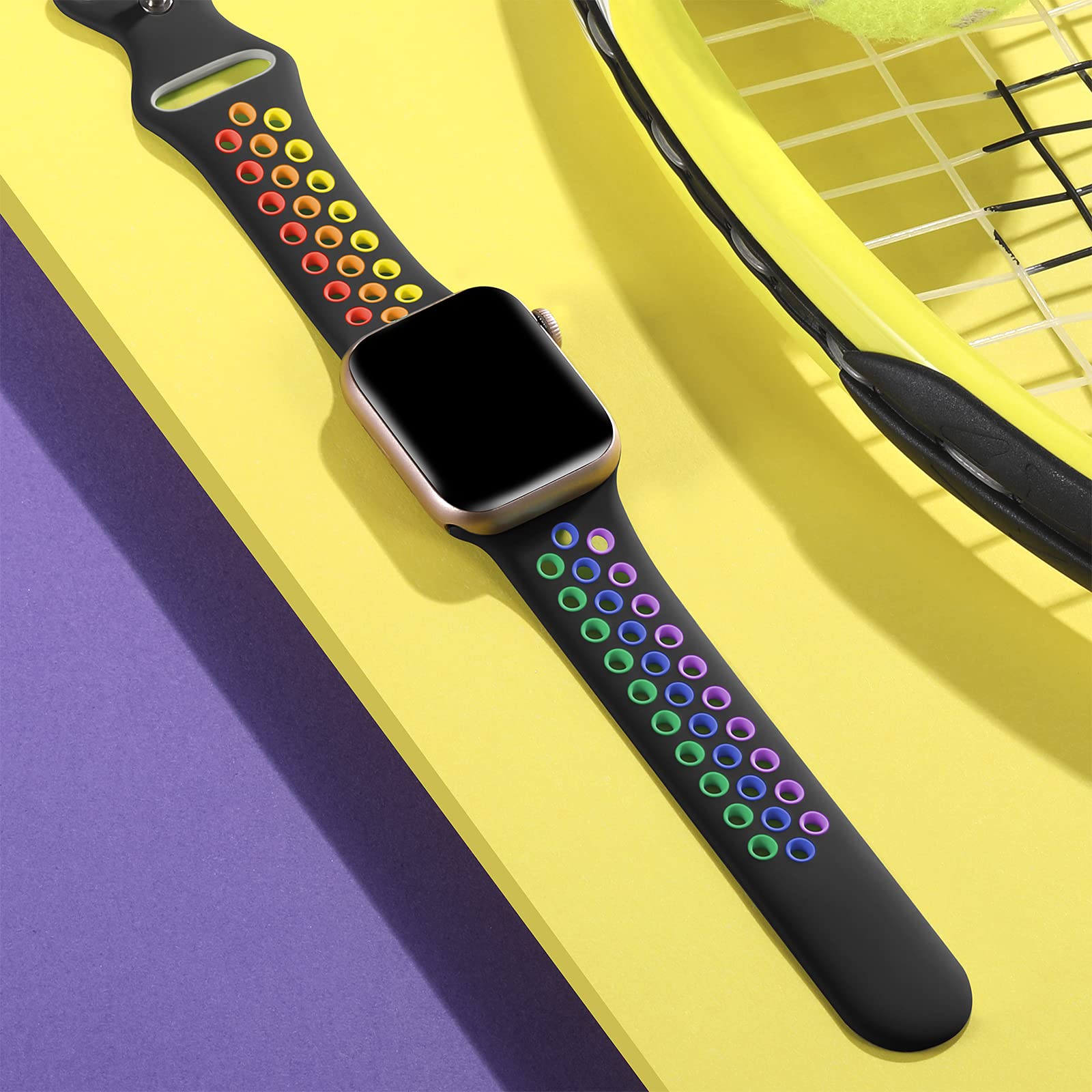 Lerobo Soft Silicone Sport Band Compatible with Apple Watch Series 10/9/8/7/6/5/4/3/2/1 & SE & Ultra 2 (45mm 44mm 46mm 42mm 49mm) - Breathable Lightweight Wrist Strap Replacement for Women & Men - Black/Rainbow (M/L) - Perfect for Running, Workouts & Daily Wear