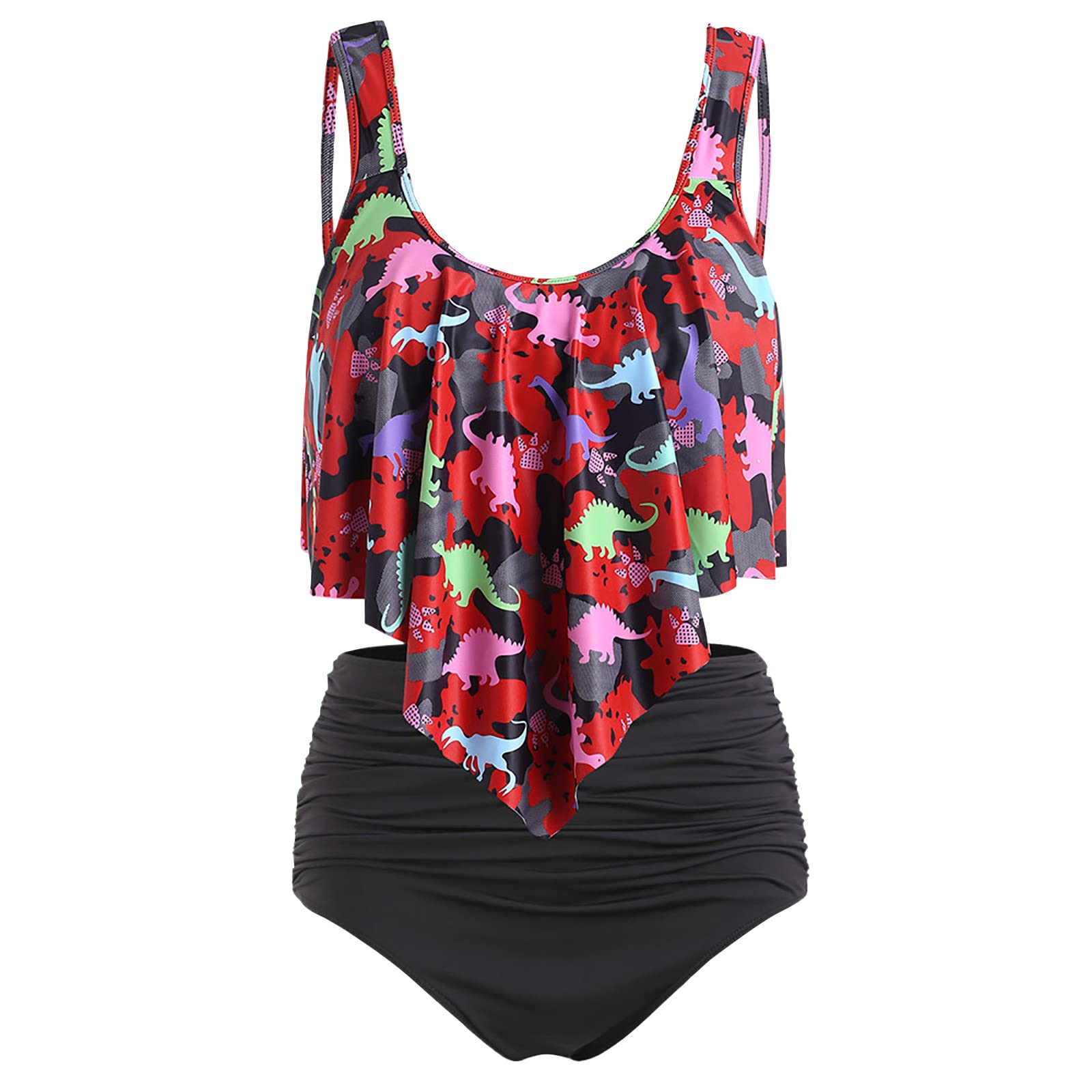 Women's Two Piece Swimsuits - Floral Print Ruffled Bikini Top with High Waisted Solid Bottom Bathing Suit Set | Summer Beachwear for Pool, Vacation & Water Sports