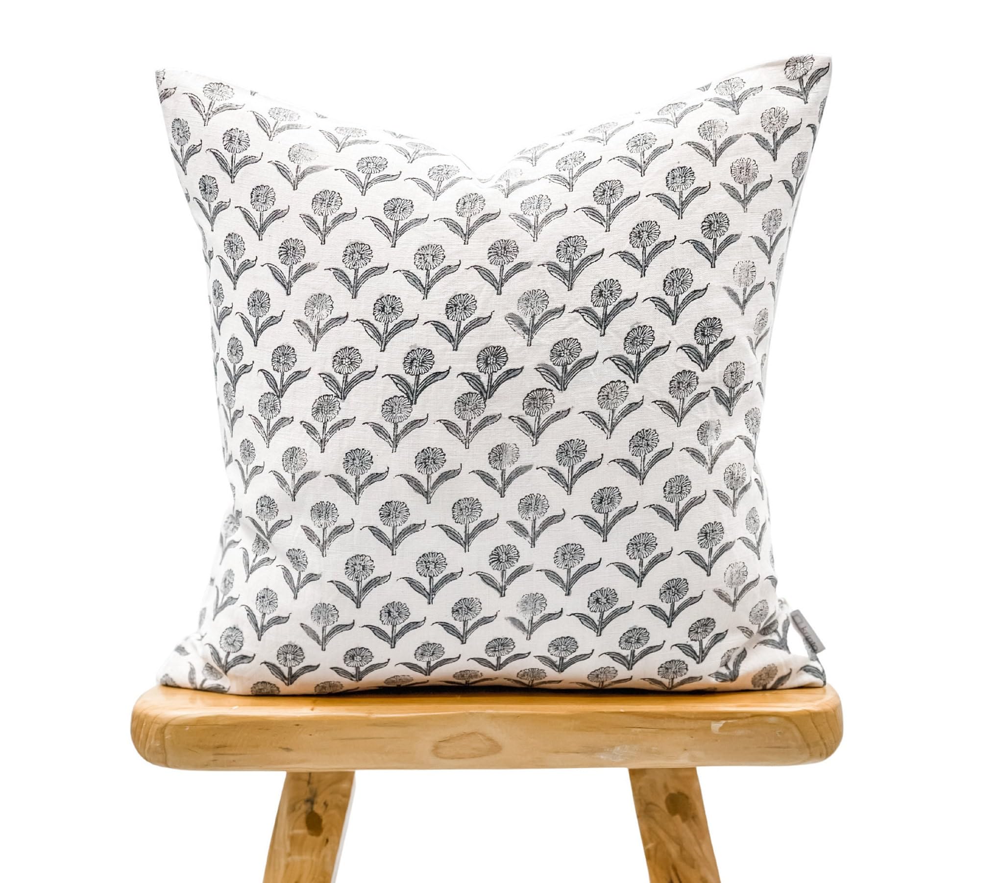 Boho Floral Linen Pillow Cover - Rock Grey & Navy Blue on Off White, Small Flowers Design, Decorative Throw Pillow (14x36 inches) for Living Room, Bedroom, or Nursery Decor