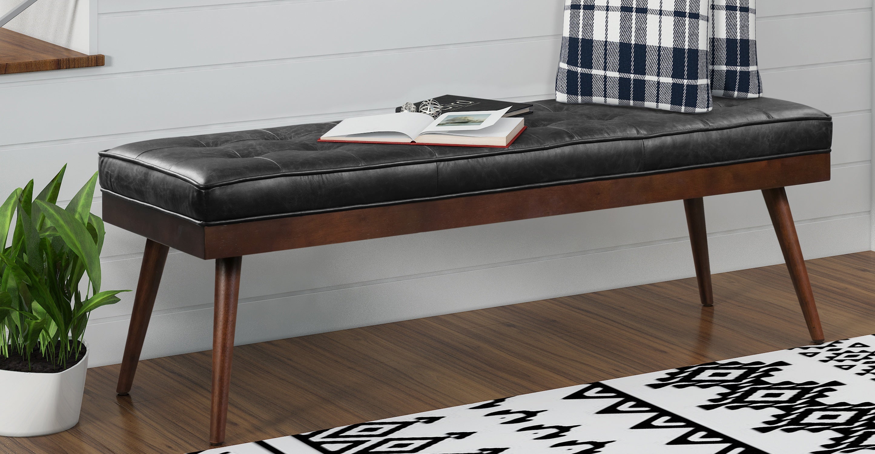 Luca Leather Bench - Modern Upholstered Storage Ottoman with Tufted Design for Living Room, Bedroom, or Entryway - Durable Faux Leather Seat with Sturdy Wooden Legs - Perfect for Extra Seating, Footrest, or Stylish Home Decor