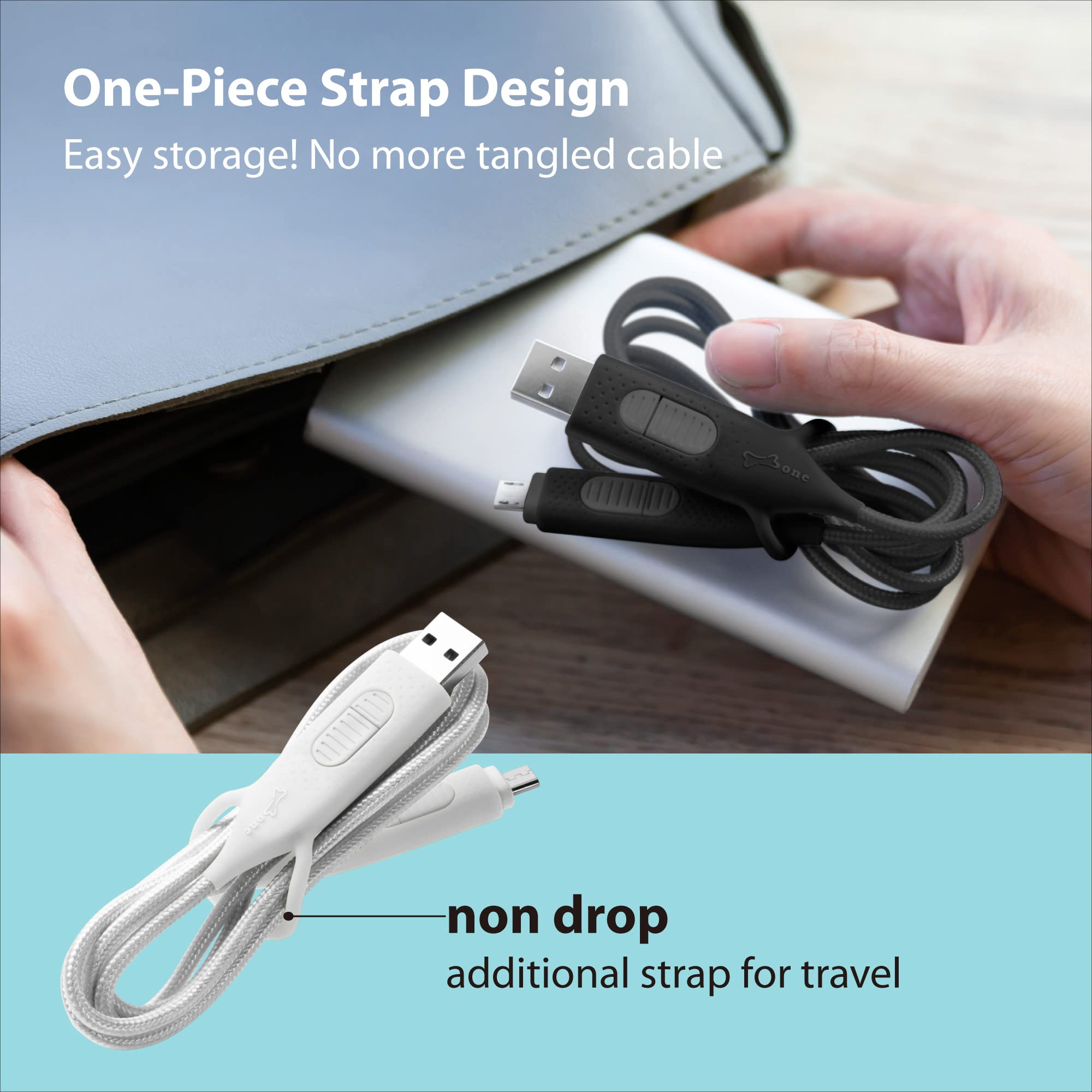 Premium BONE 4-in1 Charging Cable with Interchangeable Adapters (USB-C/USB-A/Micro USB) - Durable Nylon Braided Cord - Fast Charging for iPhone, Samsung, Android Smartphones, iPad & Tablets - Perfect for Home, Office & Travel - Black