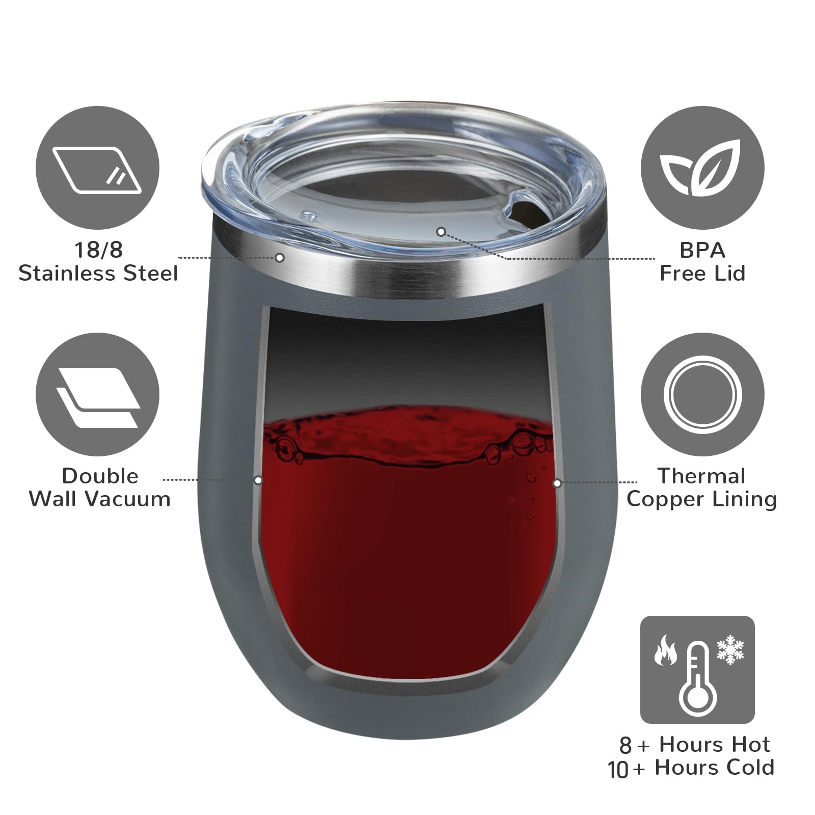 MEWAY 12oz/12 Pack Stainless Steel Wine Tumbler with Lid - Double Wall Vacuum Insulated Travel Mug for Wine, Coffee & Cocktails | Stemless Cups for Home, Office & Outdoor Use | Great Gift Set (Gray, 12-Pack)