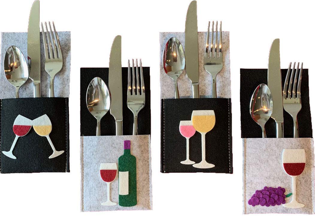 Premium Wine Tasting Party Silverware Holders Set - 8 Pack Durable Colorful Felt Napkin Rings with Wine Bottle, Glass & Grape Designs - Perfect for Entertaining, Book Clubs, Housewarming Gifts & Dinner Parties