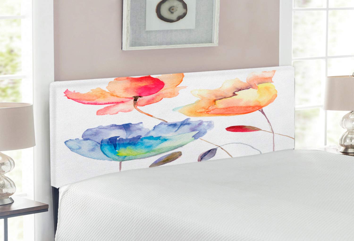 Ambesonne Watercolor Flower Headboard - Retro Summer Floral Upholstered Metal Bed Frame with Memory Foam, Full Size in Orange Blue Red | Nature-Inspired Art for Bedroom Decor & Guest Room Styling
