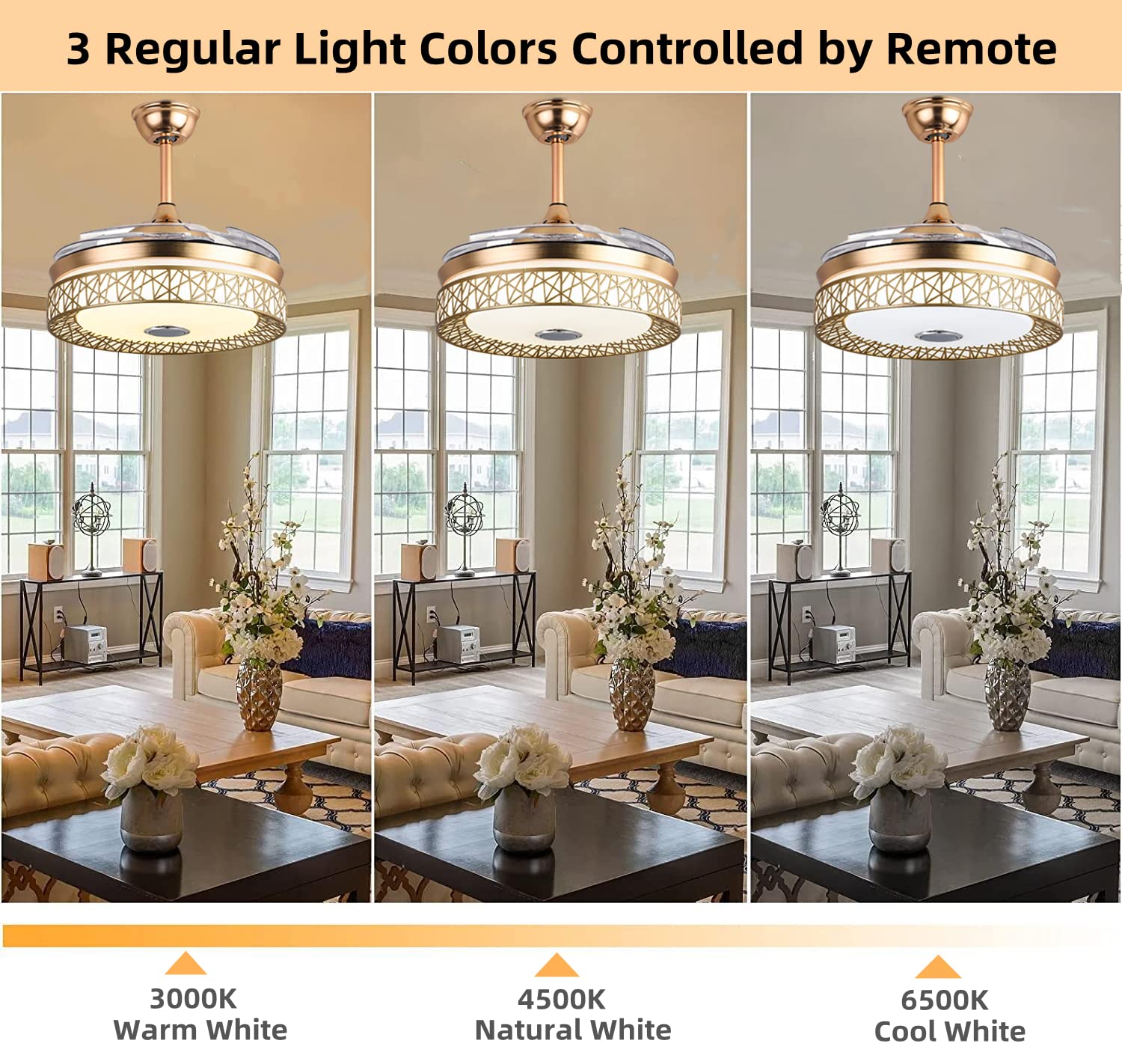 RuiWing 42 Inch Smart Ceiling Fan with Bluetooth Speaker, Retractable Blades, Remote Control & LED Light - 3 Speed Silent Motor, 3 Color Temperatures - Perfect for Living Room, Bedroom, and Home Office