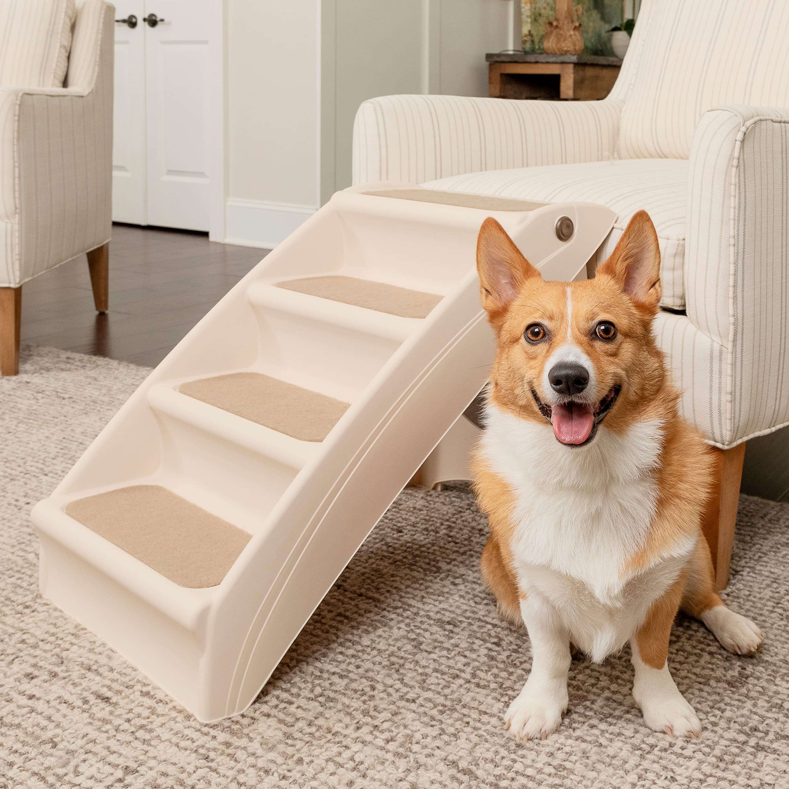PetSafe CozyUp Folding Dog Stairs - Portable Pet Steps for Small to Large Dogs Up to 200 lbs - Non-Slip Indoor/Outdoor Dog Stairs for High Beds, Couches & Furniture - Durable Foldable Pet Ramp with Safety Side Rails - Perfect for Home, Travel & Senior Dogs