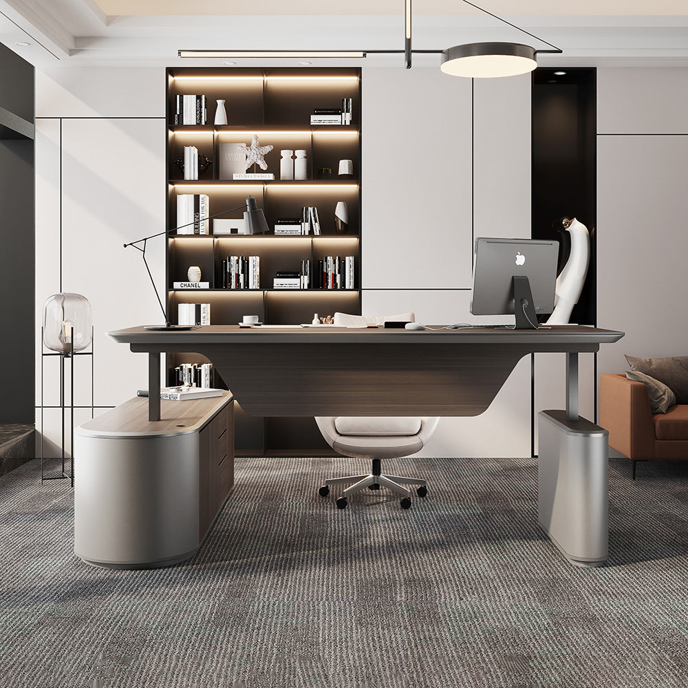 LUCA Electric Height Adjustable Sit Stand Desk 240cm - Hazelnut & Grey Finish, Ergonomic Executive Office Desk with Reversible Return for Home & Workspace