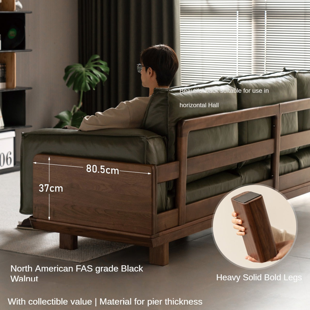 Premium Black Walnut Solid Wood Leather Sofa - Handcrafted Luxury Sofa for Living Room, Office & Lounge - Durable & Stylish Modern Furniture for Home Decor