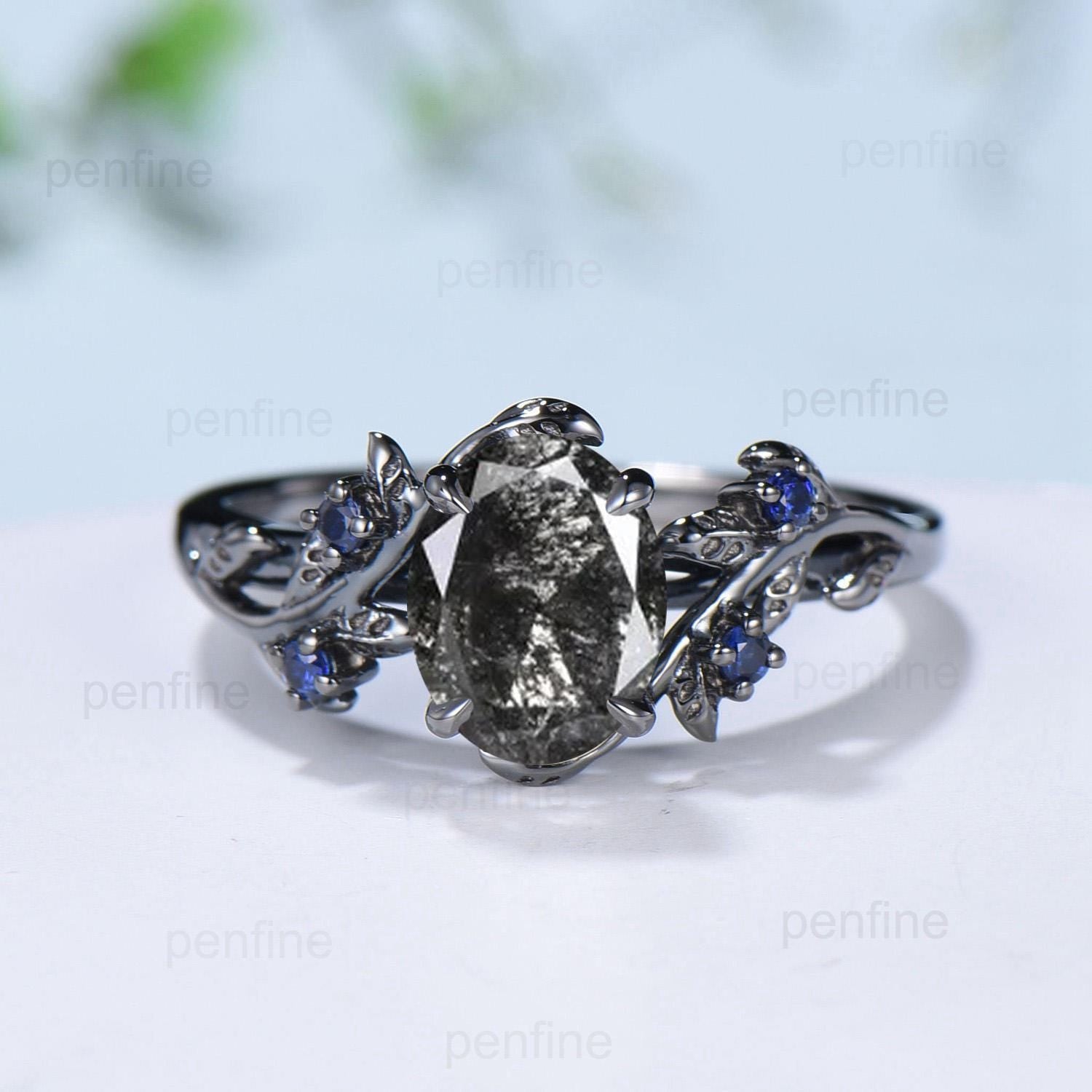 Unique 14K Black Gold Twig Engagement Ring with Salt & Pepper Diamond & Sapphire Cluster - Nature Inspired Wedding Ring for Women - Perfect for Boho, Vintage & Alternative Brides