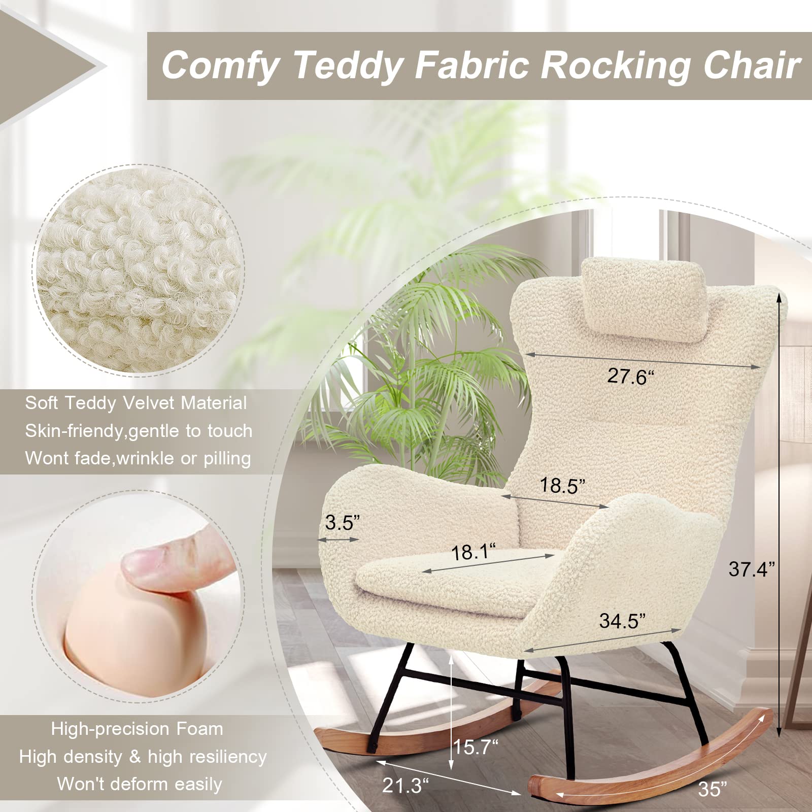 **Comfortable Teddy Upholstered Rocking Chair for Nursery & Bedroom – High Backrest, Padded Seat & Headrest – Perfect for Nursing, Reading & Relaxing – Ideal Baby Rocker for Cozy Spaces**