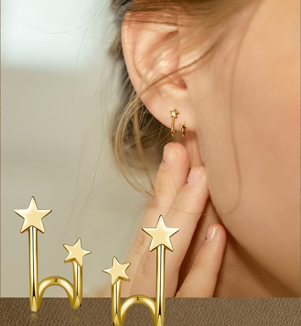 Double Star 925 Sterling Silver Stud Earrings for Women - Minimalist Cute Cuff Wrap Cartilage Earrings - Hypoallergenic Dainty Jewelry Gifts for Her - Perfect for Everyday Wear, Parties & Special Occasions
