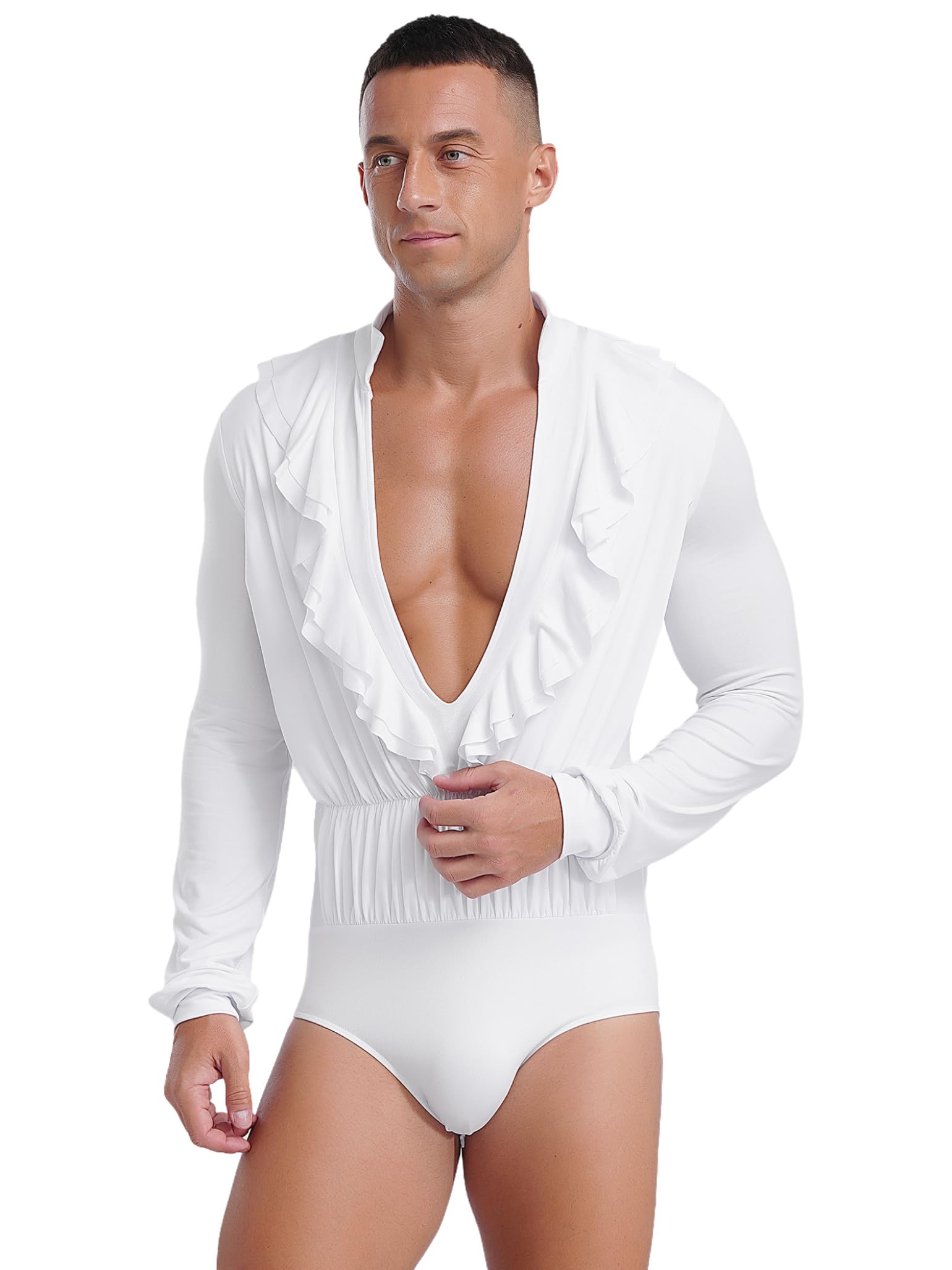 Men's Latin Dance Shirt - Deep V Neck Long Sleeve Tango Leotard Top for Ballroom & Salsa Performance (Ideal for Competitions, Shows & Dance Practice)