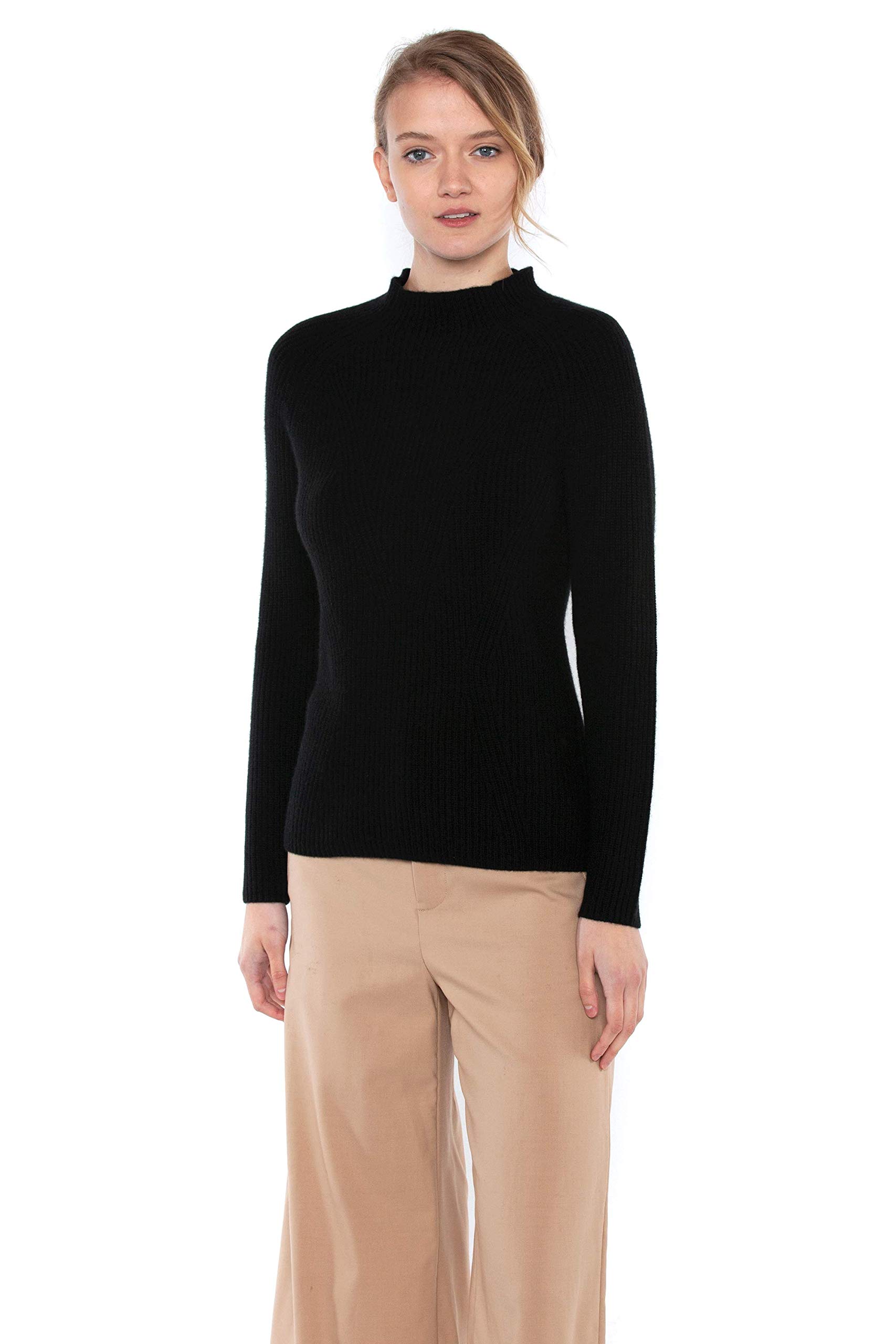 JENNIE LIU Women's 100% Pure Cashmere Oversized Ribbed Sweater - Chunky Knit Funnel Neck Long Sleeve Pullover for Winter Warmth & Cozy Fall Layering