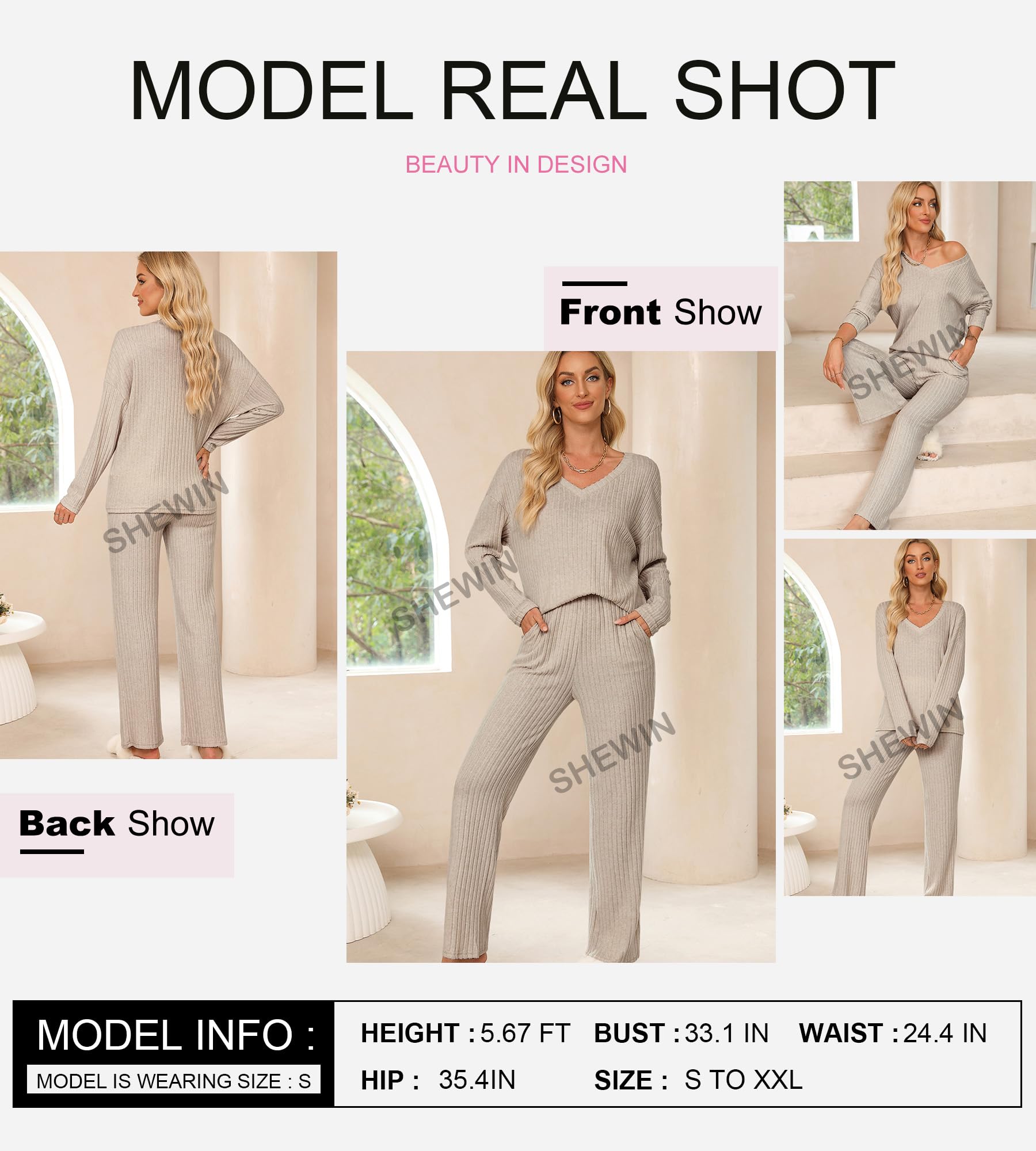 SHEWIN Women's Pajama Sets - Long Sleeve & Short Sleeve 2-Piece Lounge Outfits, Ribbed Knit Sweater Sleepwear for Comfortable Nights & Relaxing at Home
