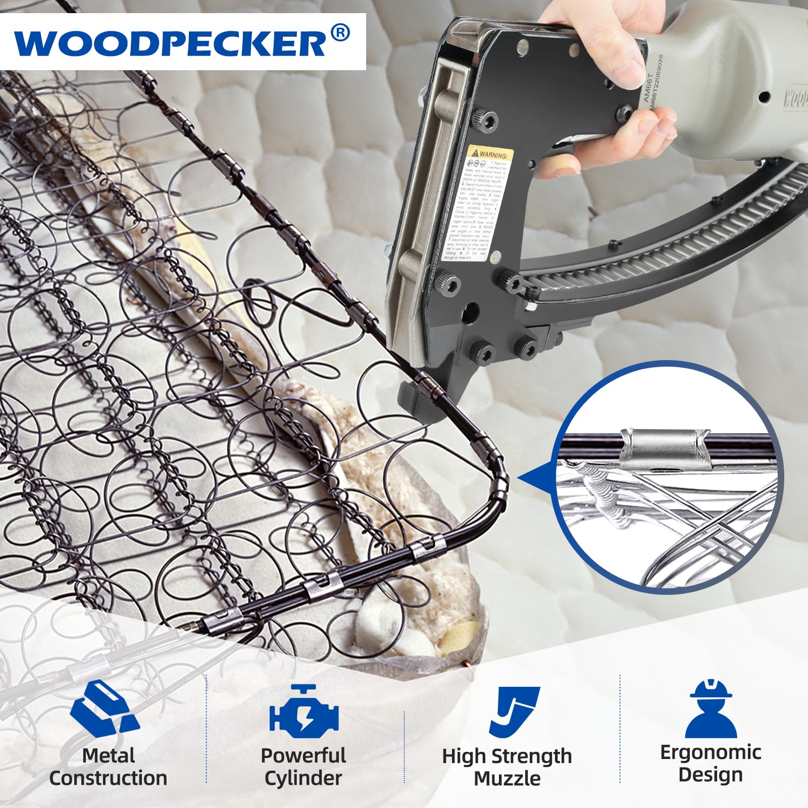 Woodpecker AM66T Pneumatic Clinching Clipper Tool - Heavy Duty Fastening Tool for Mattress, Wire Binding & Spring Repair | Ideal for Upholstery, Furniture Making & Bedding Manufacturing