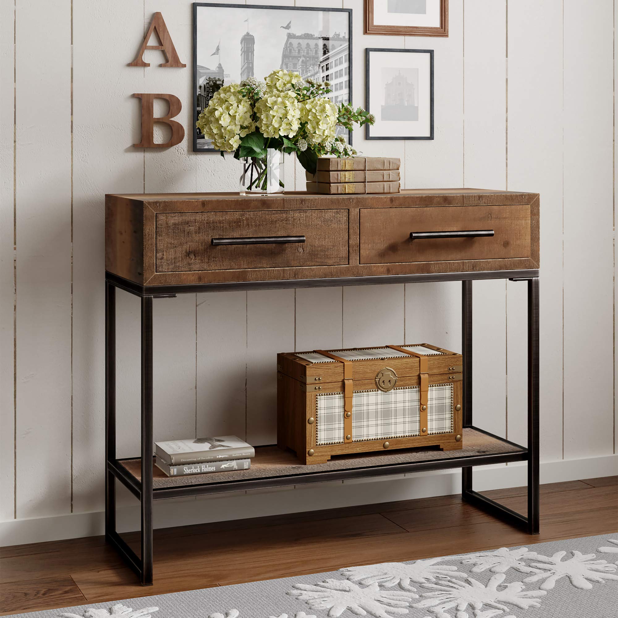 Industrial Rustic Console Table with 2 Drawers - Wood & Metal Entryway Sideboard with Shelf Storage | Distressed Brown Finish | Perfect for Farmhouse Kitchen, Living Room & Hallway Accent Furniture
