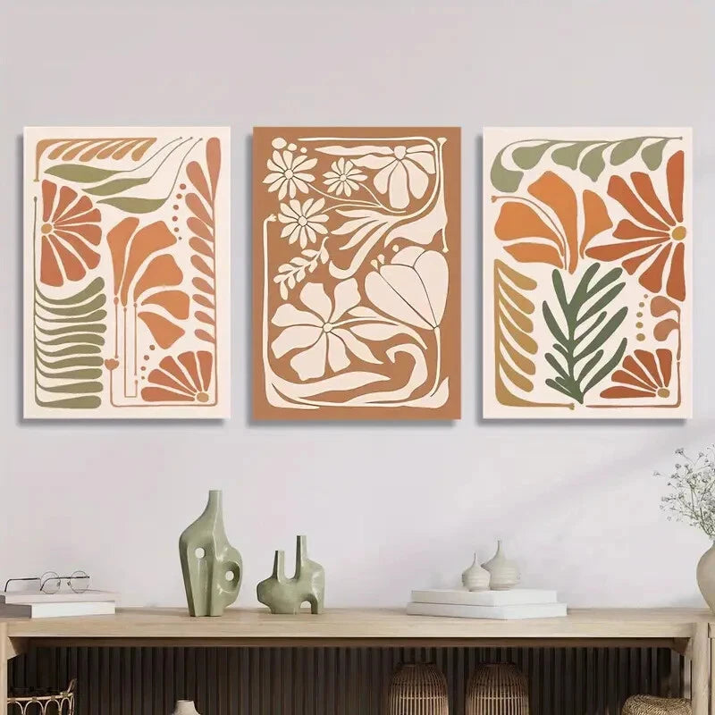 3-Piece Abstract Botanical Flower Metal Wall Art Prints - Ready to Hang Home Decor for Living Room, Bedroom & Office - Modern Floral Canvas Painting for Housewarming Gift