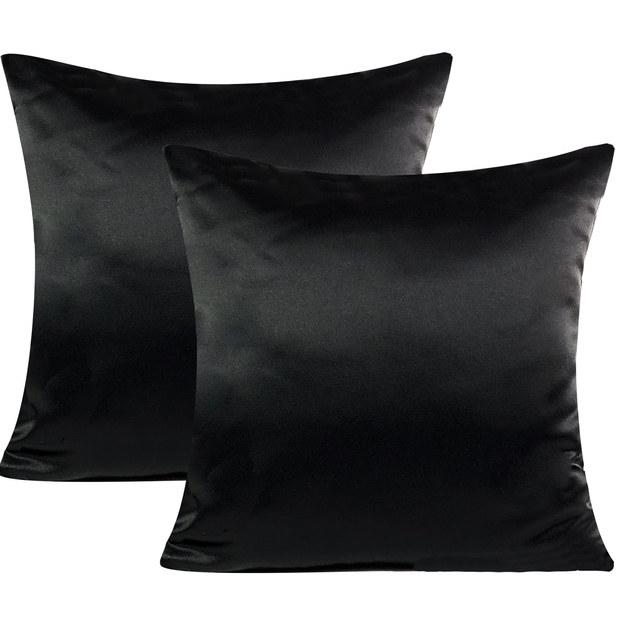 Premium Satin Throw Pillow Covers Set of 2 - 18x18 Inch Black Decorative Cushion Covers with Zipper Closure & Hidden Lining - Luxury Faux Silk Square Pillowcases for Sofa, Bed, Couch, Car - Home Decor & Gift Idea - Soft & Elegant Accent Pillows for Living Room, Bedroom, Office